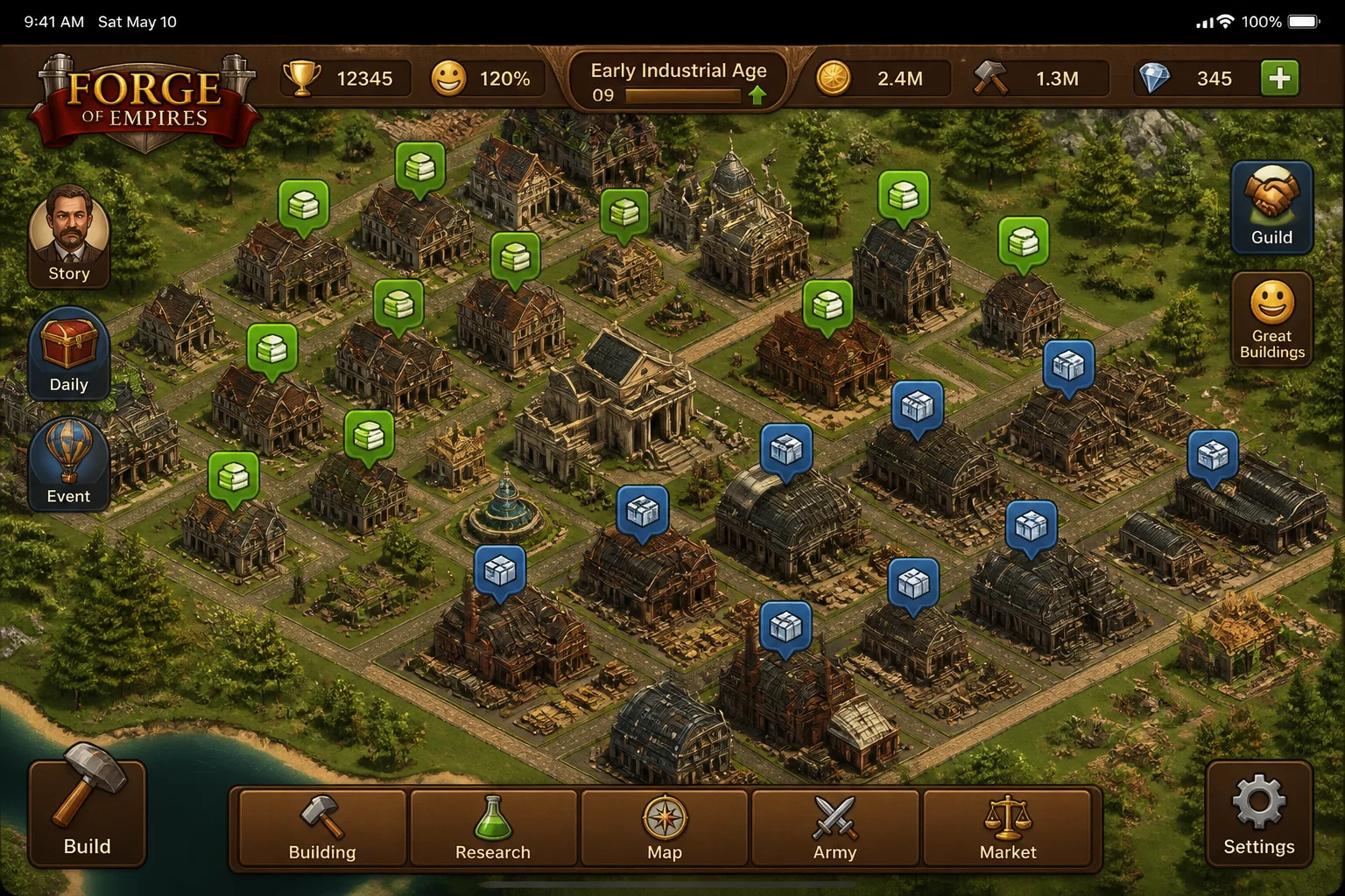 Forge of Empires city on iPad with collection indicators hovering over completed residential and production buildings