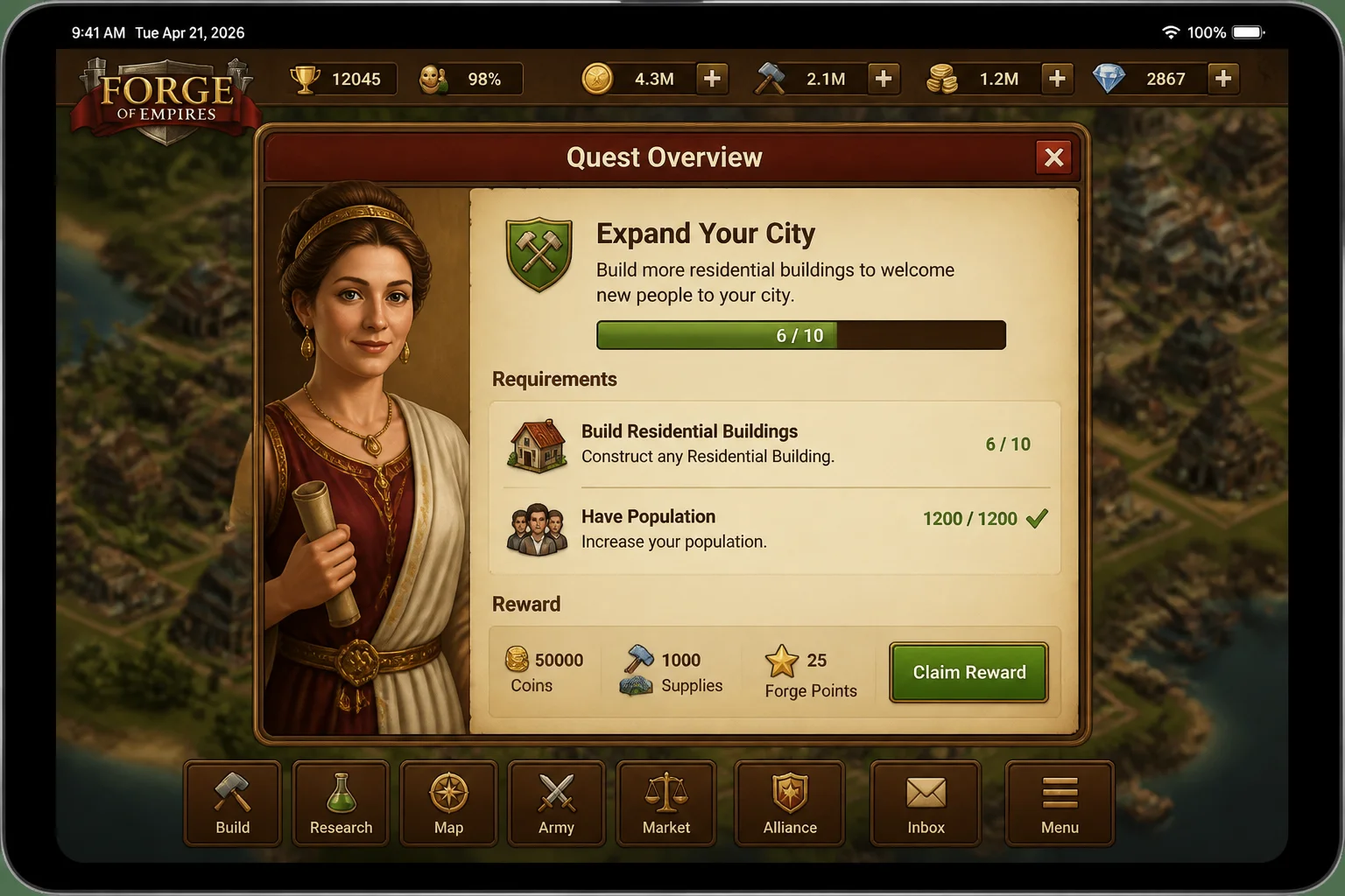 Forge of Empires quest or advisor panel on iPad showing the current objective, advisor portrait, requirements, and reward
