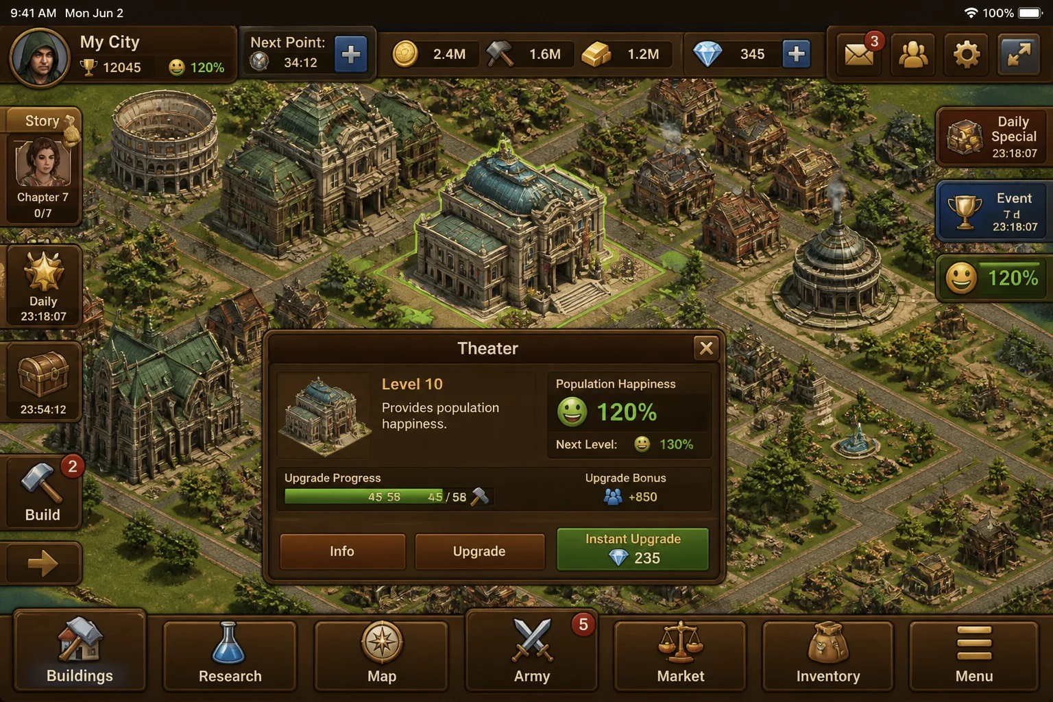 Forge of Empires city on iPad with a theater or current cultural building selected and the population happiness indicator visible