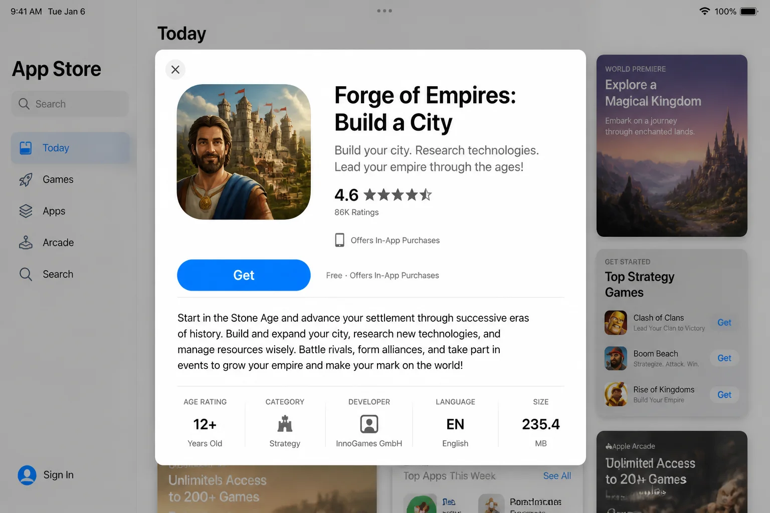 App Store product page for Forge of Empires: Build a City on iPad with the publisher, compatibility information, and download button visible
