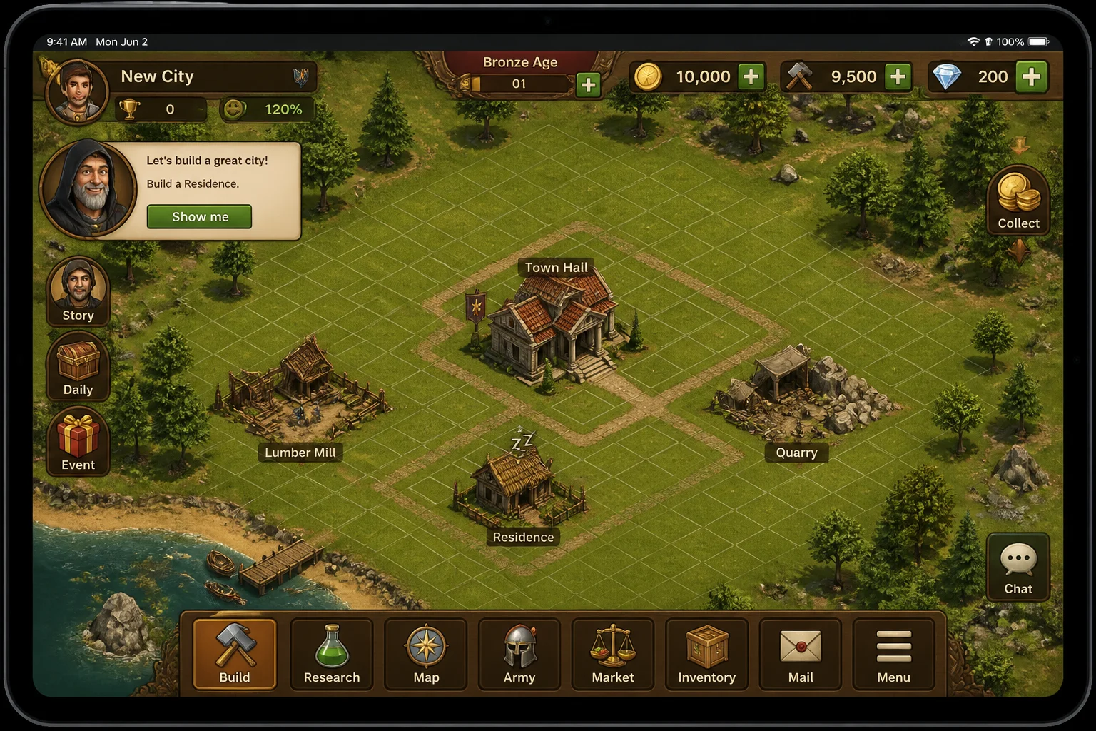 Forge of Empires opening city on iPad with the Town Hall, undeveloped land, resource counters, and early buildings visible