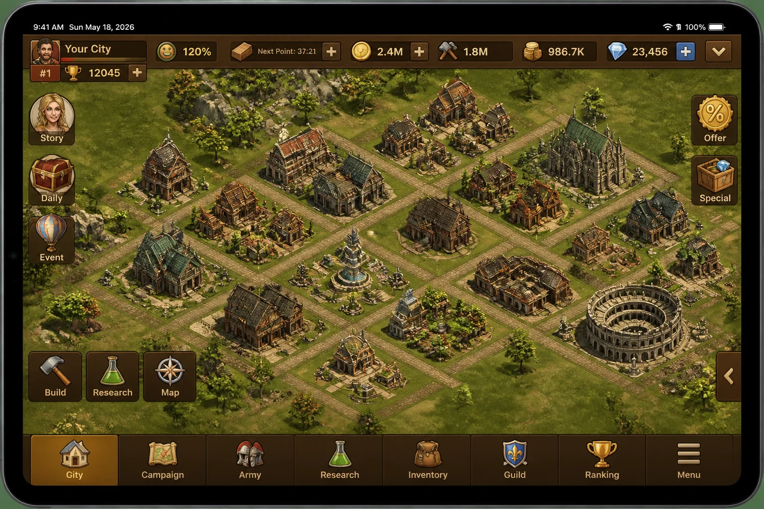 Forge of Empires city screen on iPad with the current bottom navigation controls and resource bar clearly visible