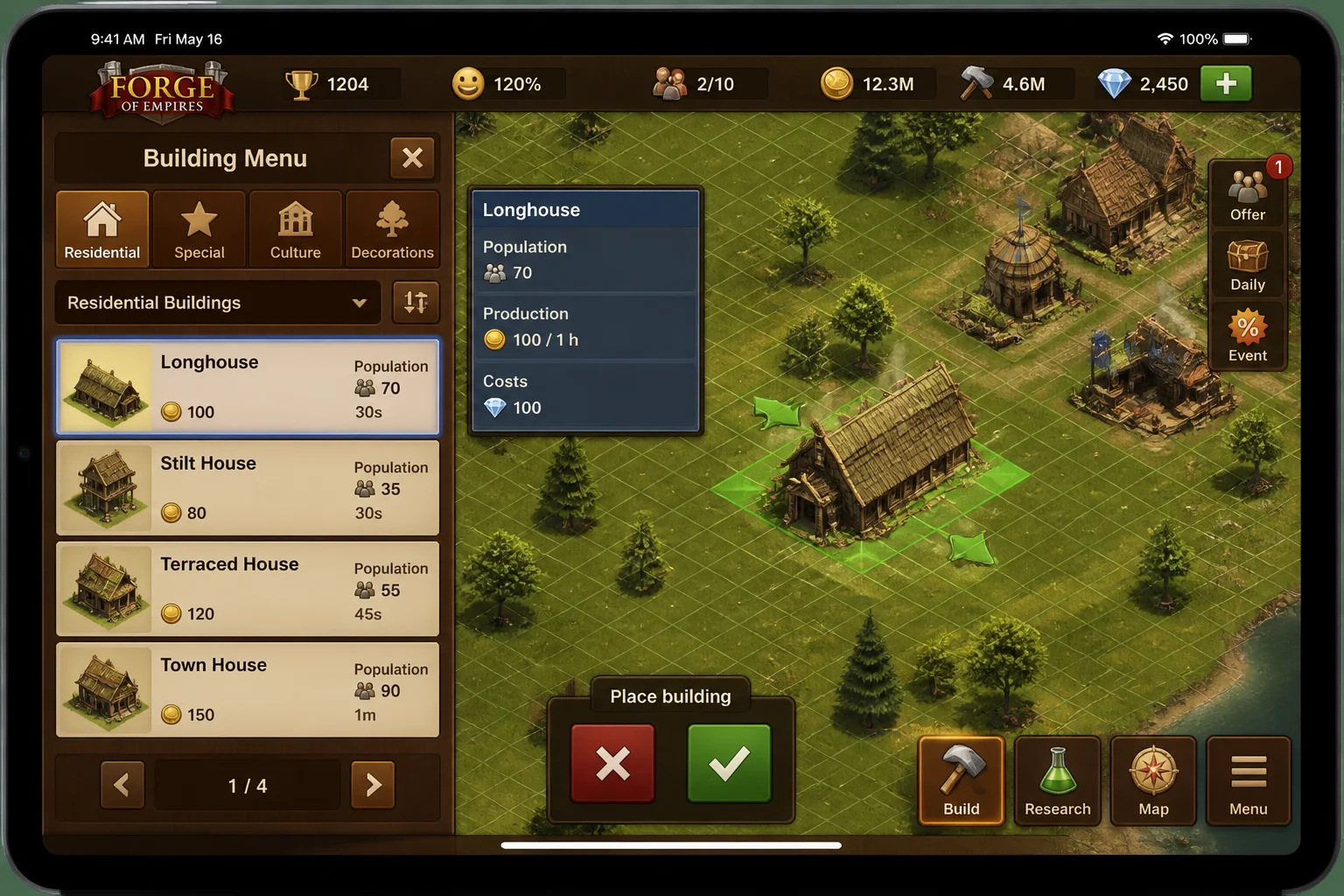 Forge of Empires Build interface on iPad with available residential buildings, construction costs, and placement controls visible