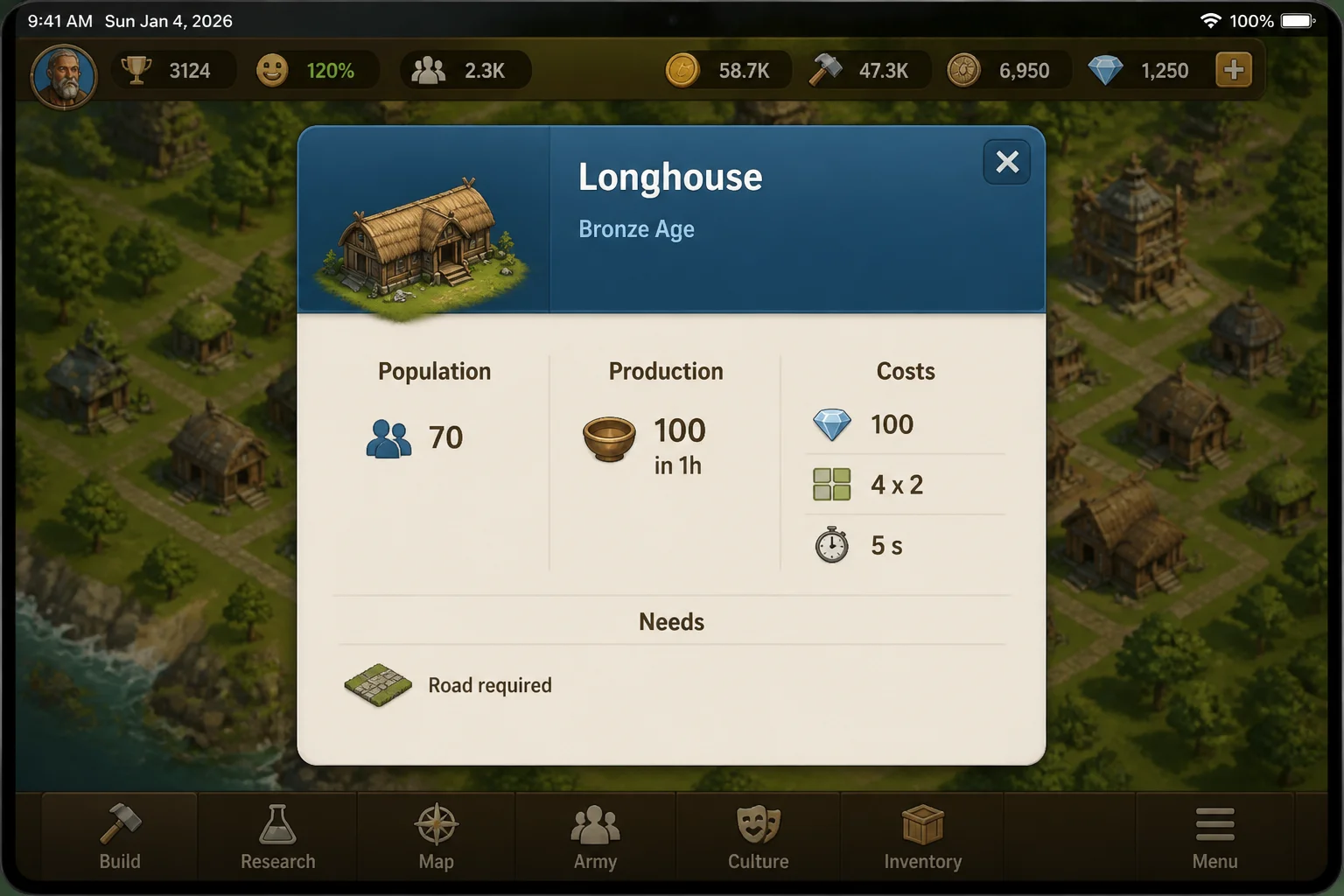 Forge of Empires building information panel on iPad showing a Longhouse with its construction cost, population, production, and requirements