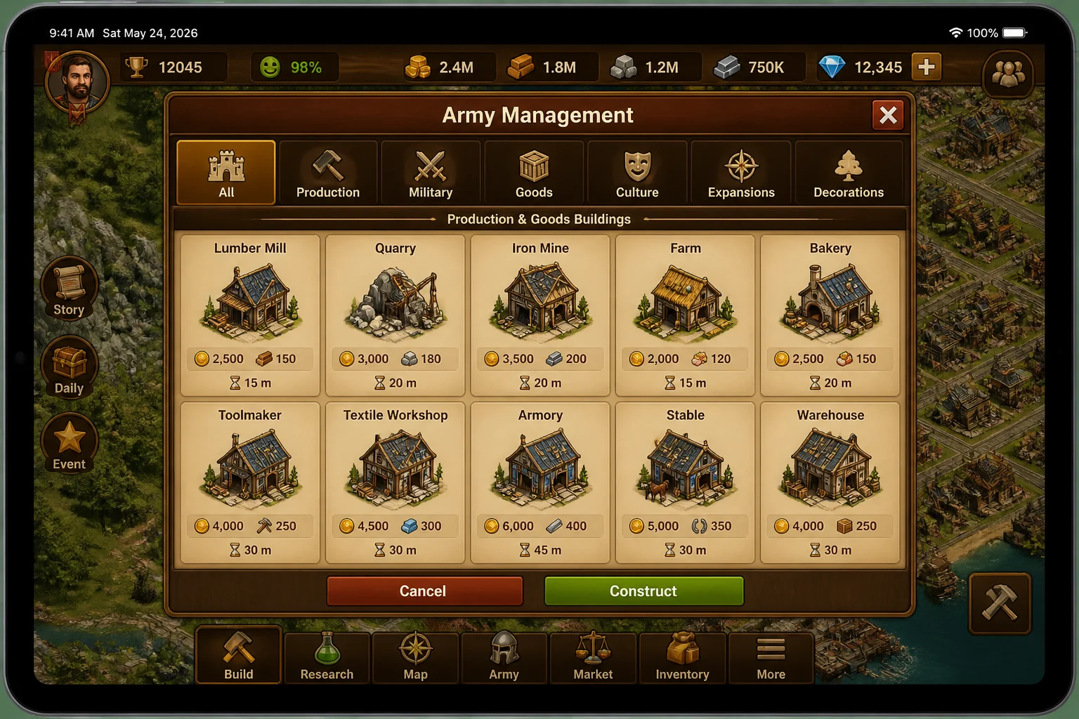 Forge of Empires Build interface on iPad showing the current selection of production and goods buildings with their costs