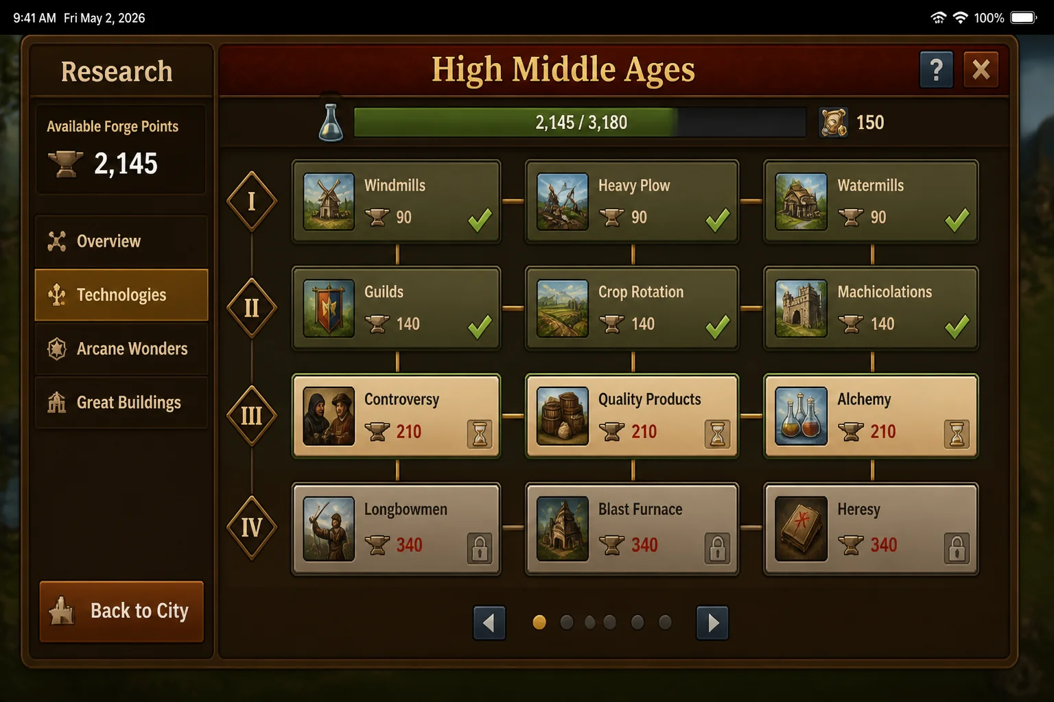 Forge of Empires Research interface on iPad showing the current technology tree, Forge Point costs, and available rewards
