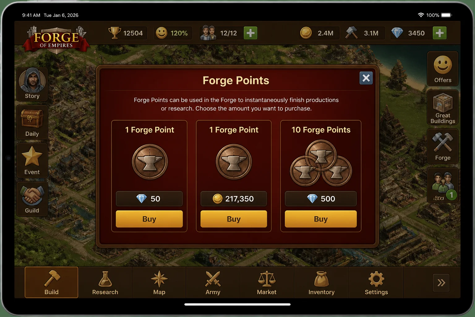 Forge of Empires Forge Points purchase panel on iPad with available acquisition options and currency costs visible