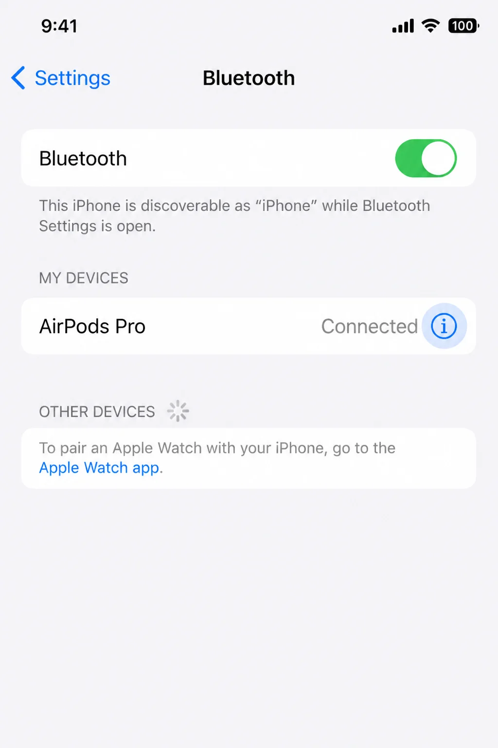 iOS Settings > Bluetooth with connected AirPods listed under My Devices and the Information button highlighted
