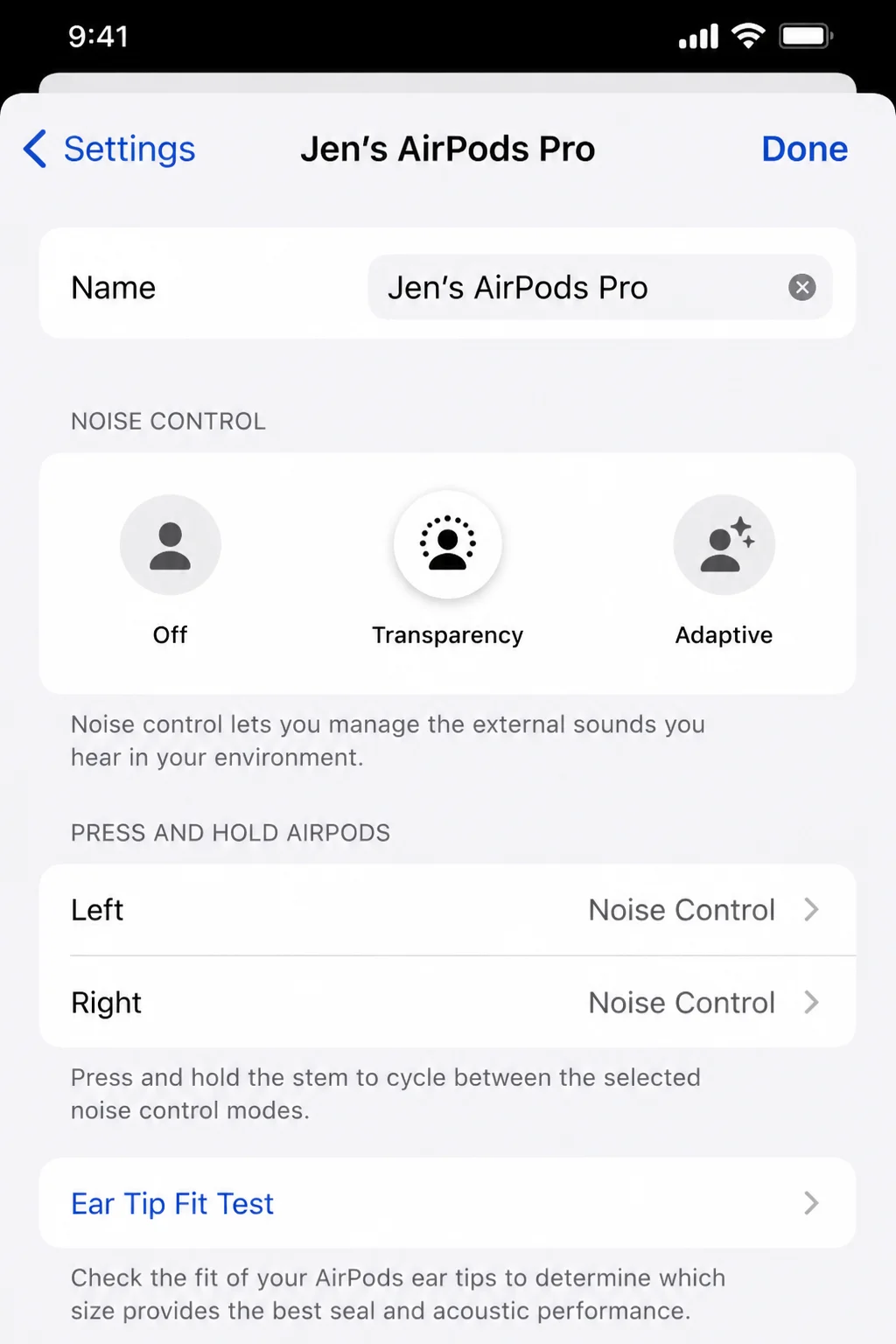 iOS Settings > connected AirPods > Name editing screen with the current AirPods name selected and the Done button visible