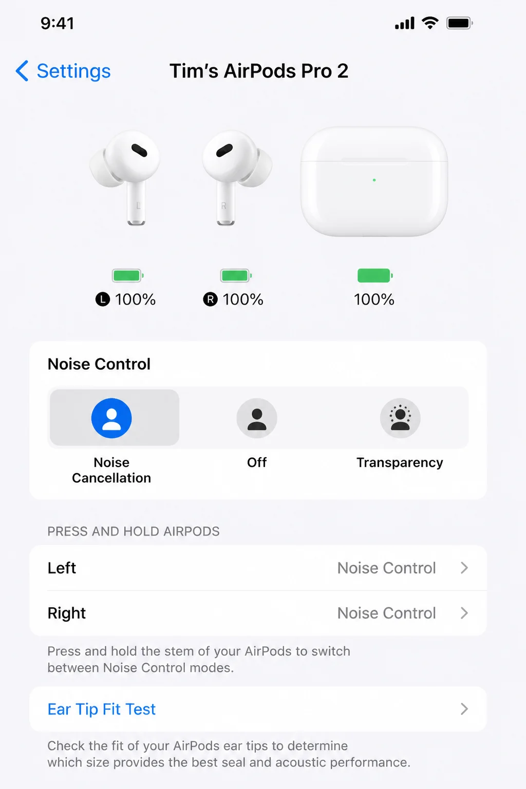 iOS Settings > connected AirPods showing the model-specific control section with Left and Right AirPod options and one side selected