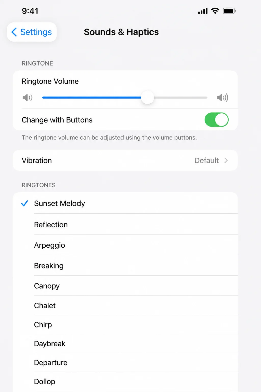 iOS 26 Settings > Sounds & Haptics > Ringtone showing the built-in ringtone list and a custom tone near the top