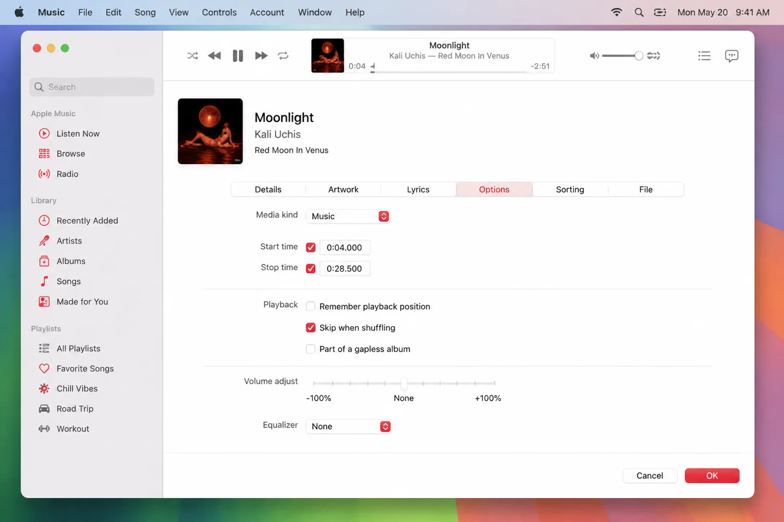 Music app Song Info > Options pane with start and stop time fields enabled for a clip shorter than 30 seconds