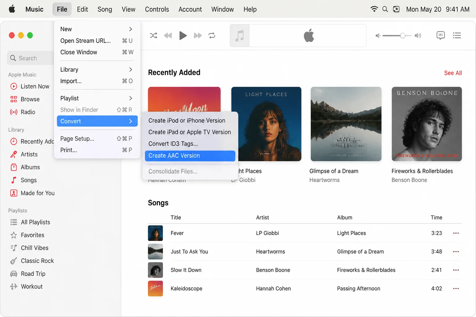 Music app with File > Convert submenu open and Create AAC Version highlighted