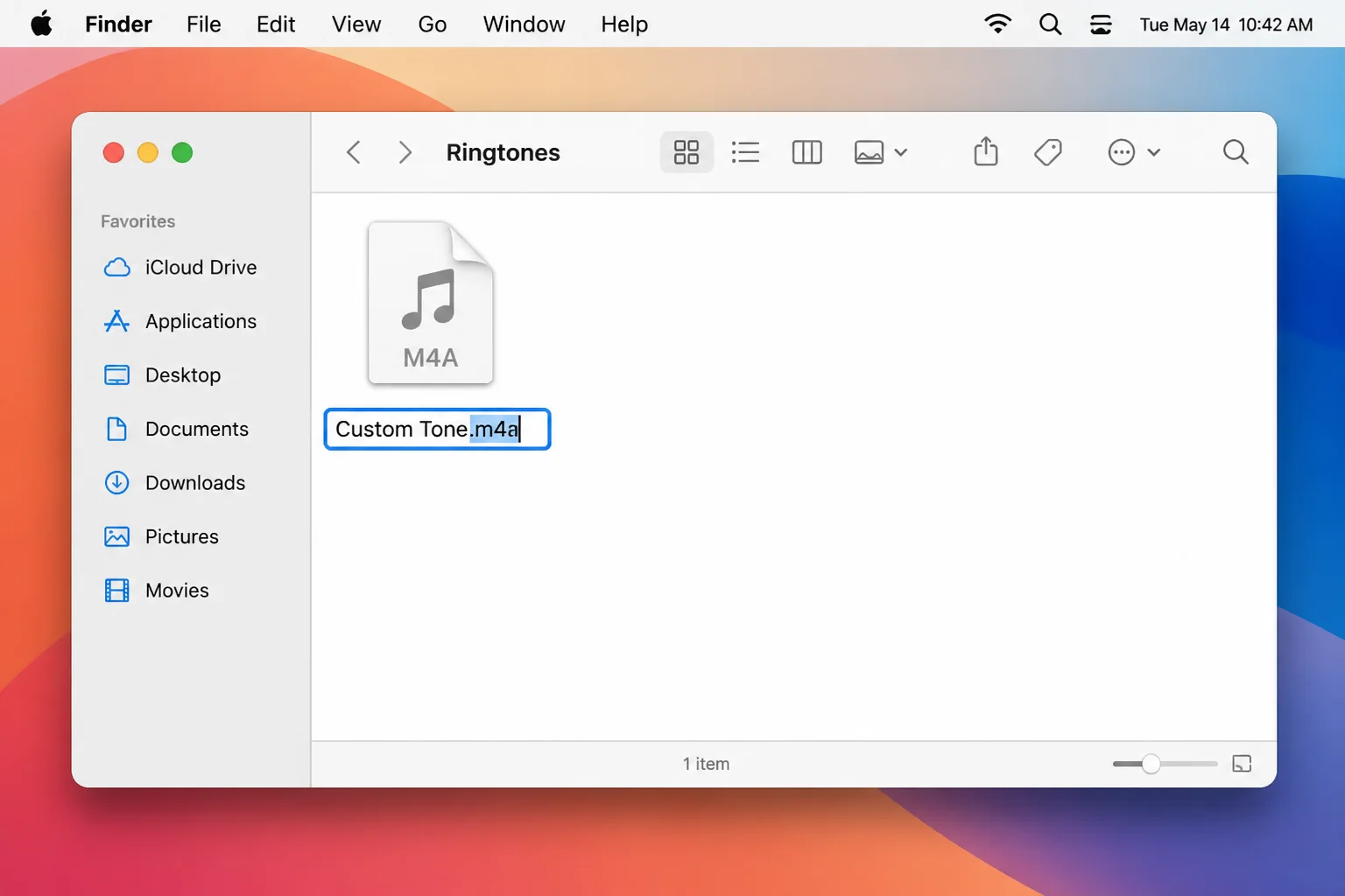 Finder window showing an AAC file being renamed from Custom Tone.m4a to Custom Tone.m4r, with the filename extension visible