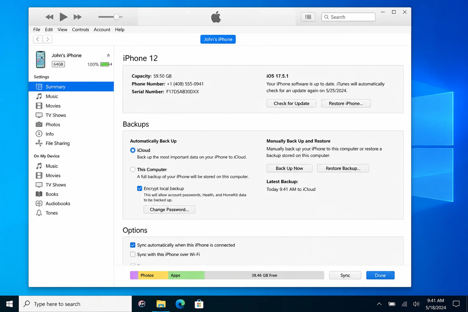 iTunes for Windows device summary with the connected iPhone selected and the media management options visible