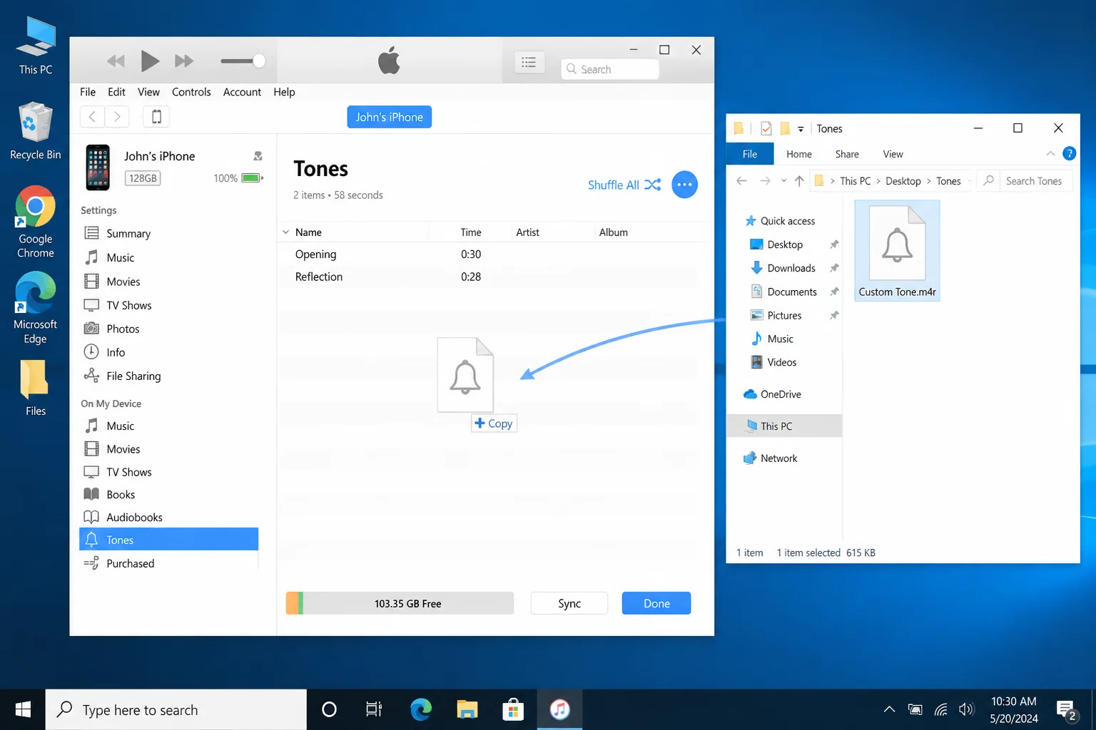 iTunes for Windows with Custom Tone.m4r being dragged into the connected iPhone's Tones section