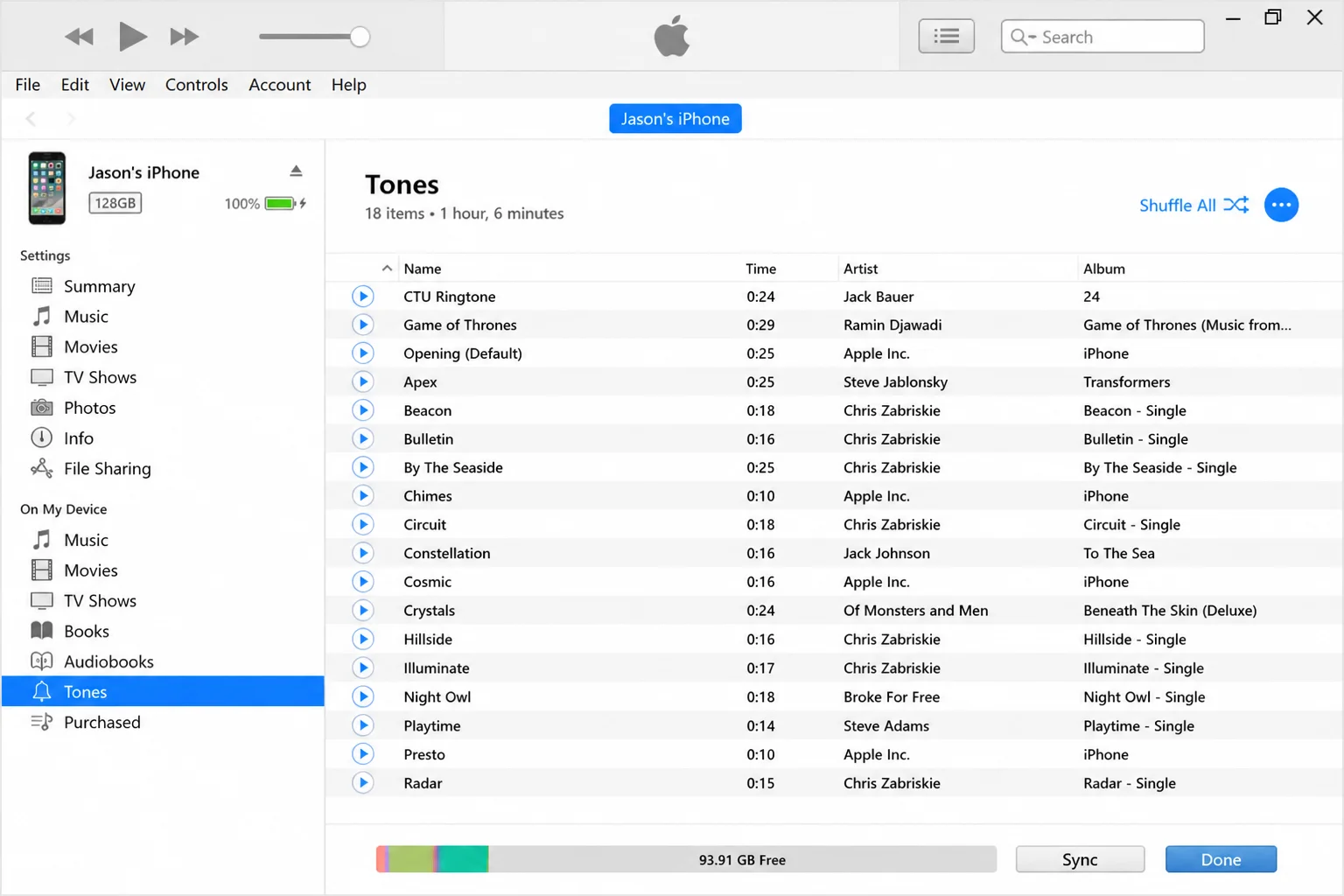 iTunes for Windows Tones section showing Custom Tone in the connected iPhone's tone list