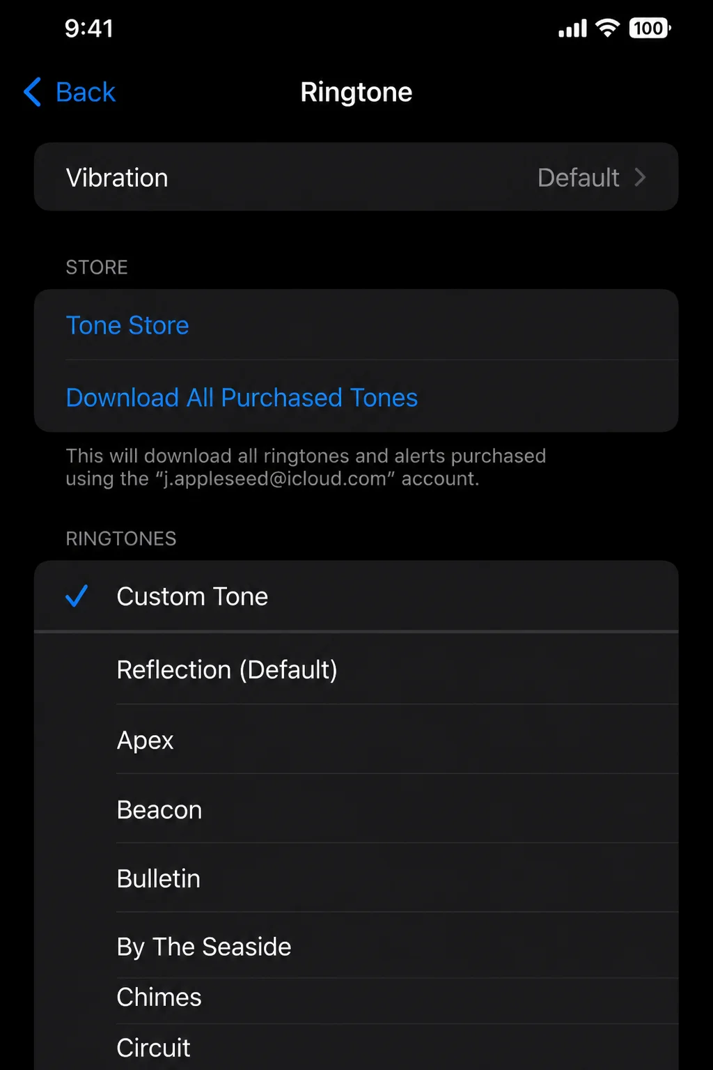 iOS 26 Settings > Sounds & Haptics > Ringtone with Custom Tone selected and a checkmark beside it