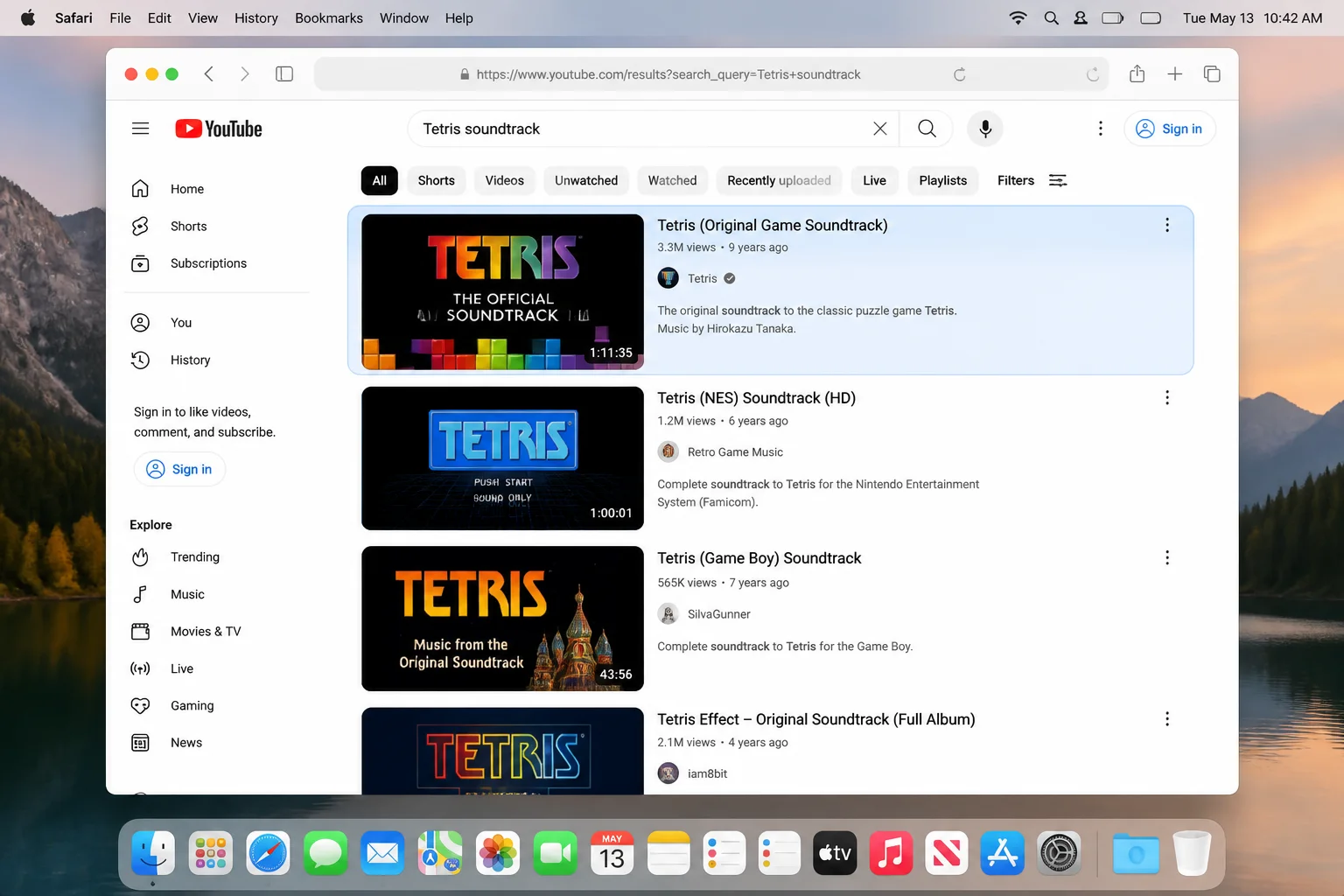 YouTube search results for "Tetris soundtrack" with an official or licensed upload highlighted