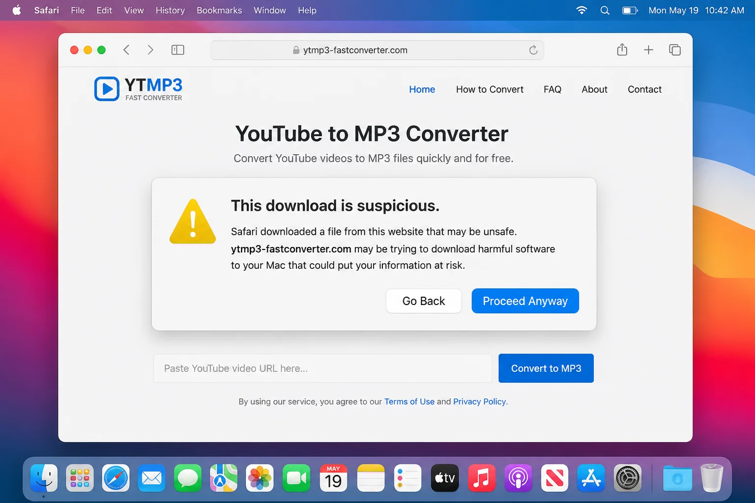 Safari displaying a warning on an untrusted YouTube-to-MP3 converter page, with the suspicious download buttons visible but not selected