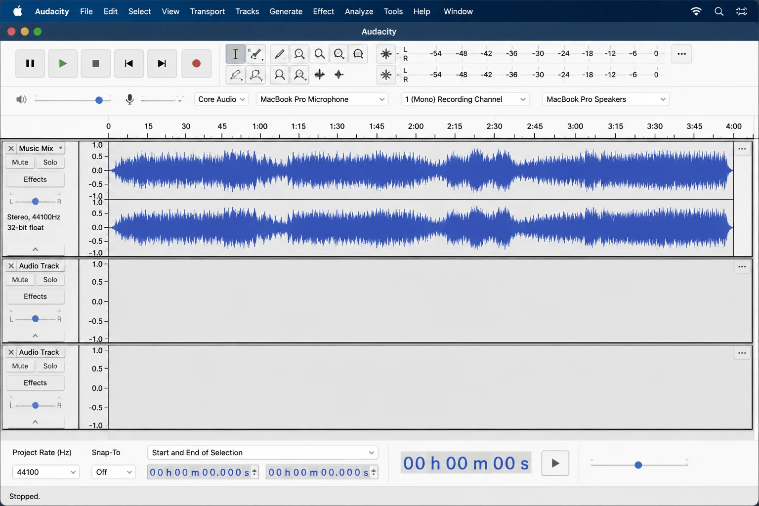 Audacity window with an imported audio track and its full waveform visible