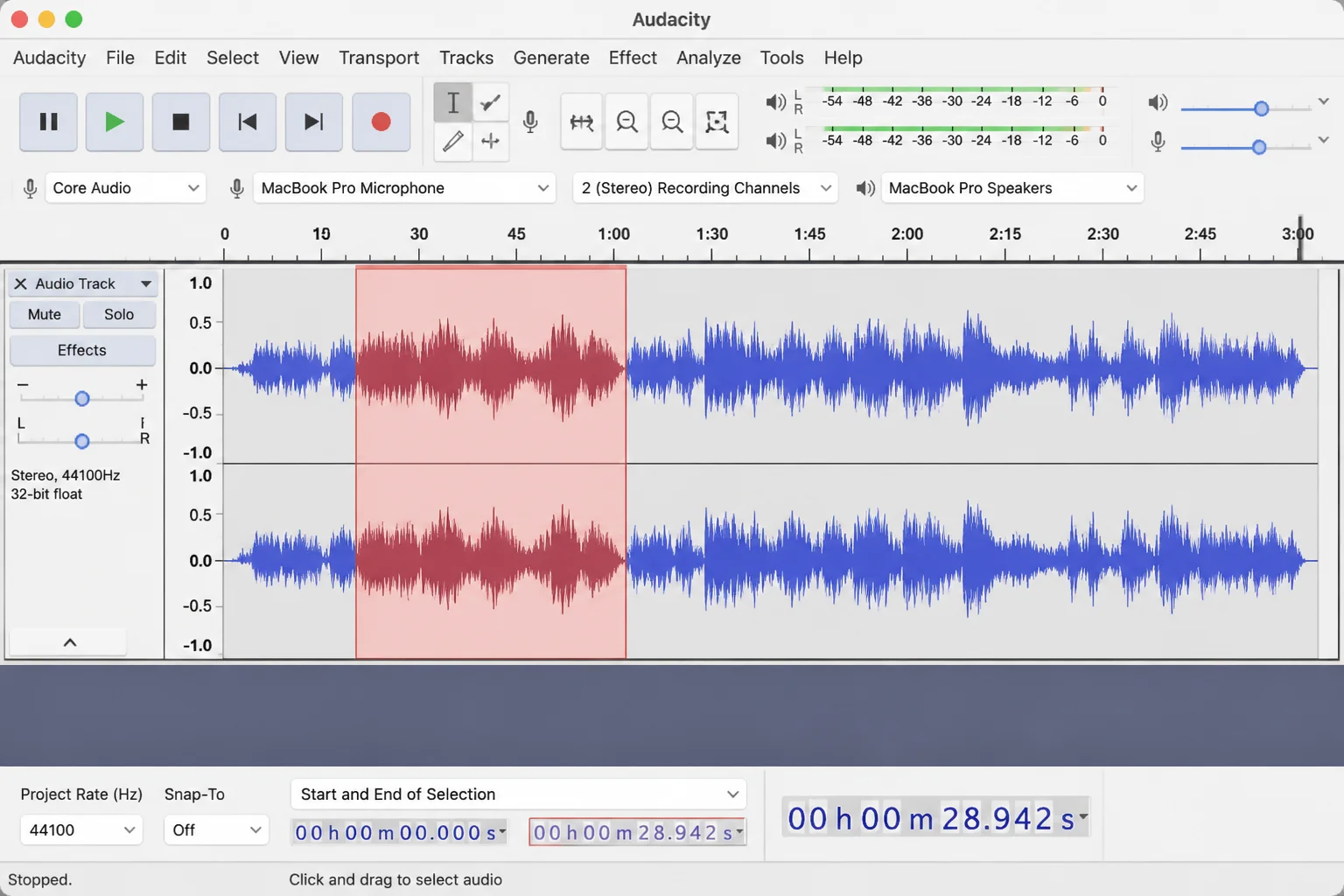 Audacity waveform with a 29-second section selected and the highlighted selection clearly visible