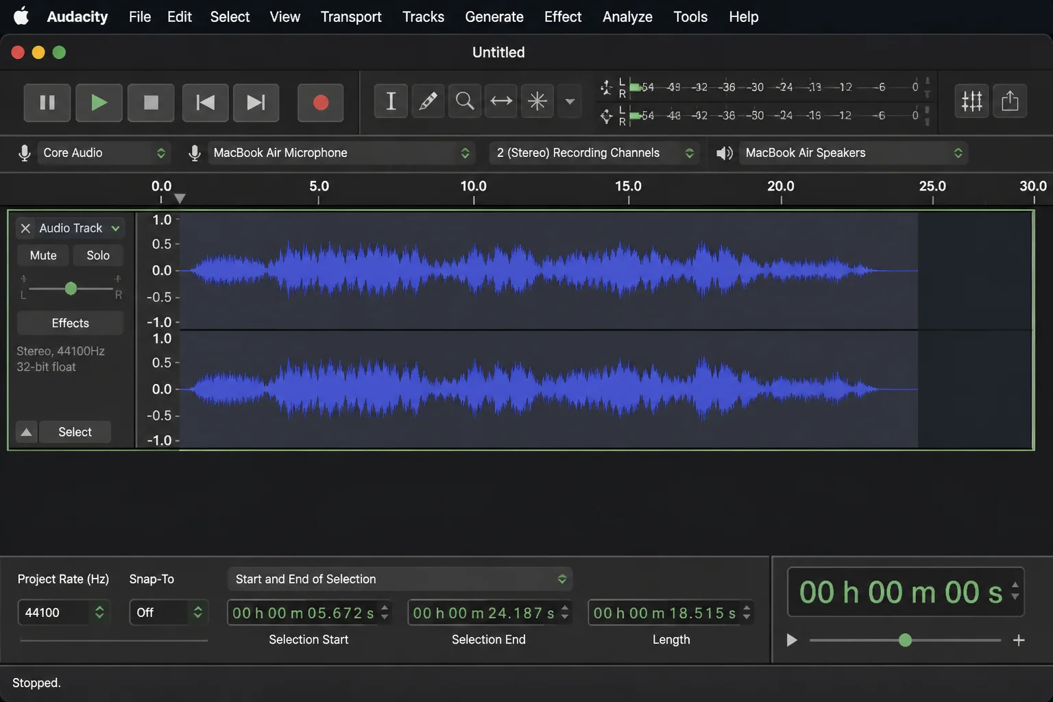 Audacity window with the selection start and end time fields visible, showing a clip shorter than 30 seconds