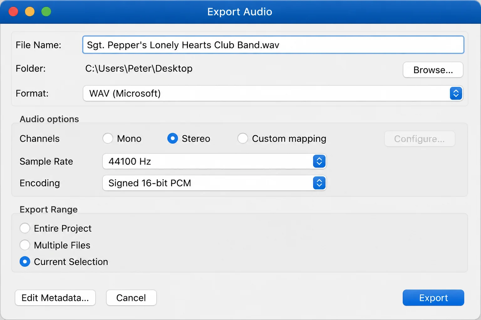 Audacity File > Export Audio dialog with the current selection chosen as the export range and MP3 selected as the format