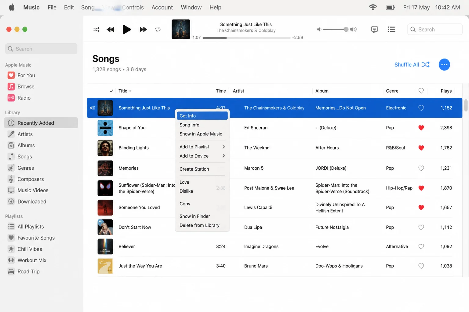 Music app library with a trimmed audio track selected and its context menu open, showing Get Info or Song Info
