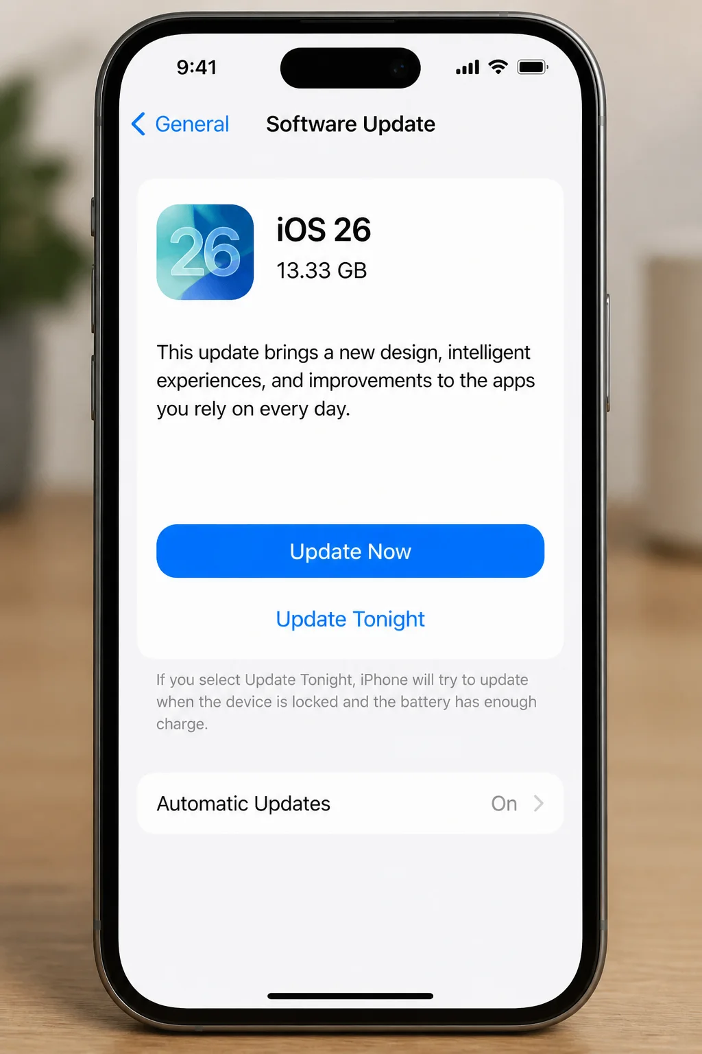 Settings > General > Software Update screen showing the current iOS version and an Update Now button