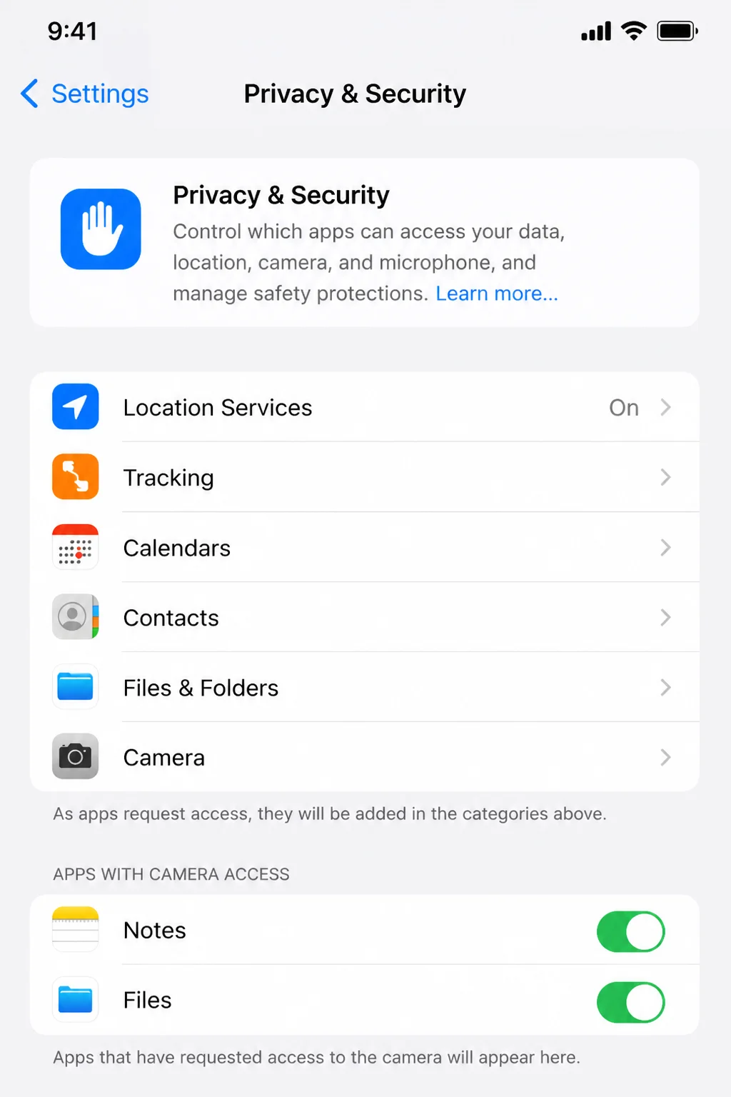 Settings > Privacy & Security > Camera screen listing apps with camera access, including Notes and Files toggles