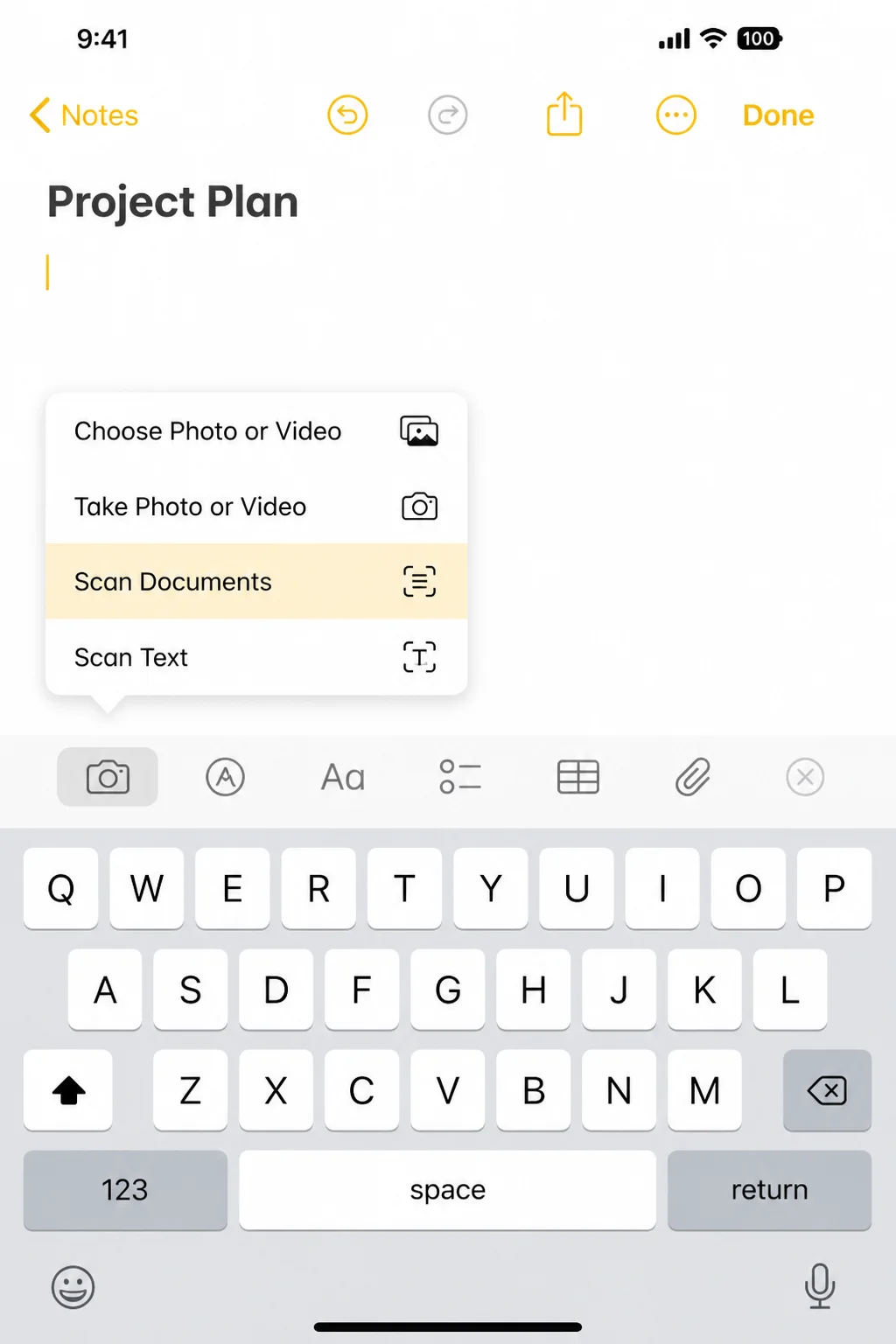 Notes app note-editing toolbar with the camera icon and Scan Documents menu option visible