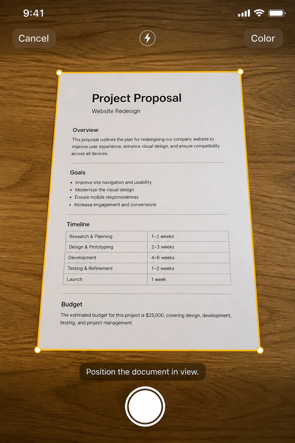 Live document scan viewfinder showing automatic edge detection outline around a document