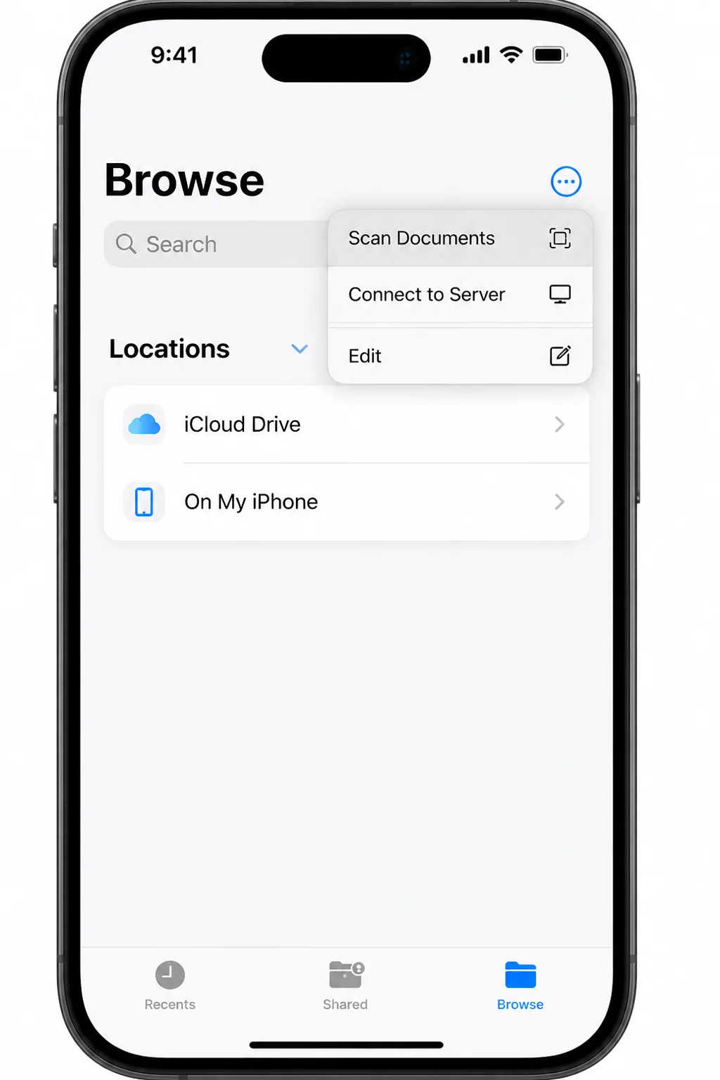 Files app Browse view with the more-options menu open, showing the Scan Documents item