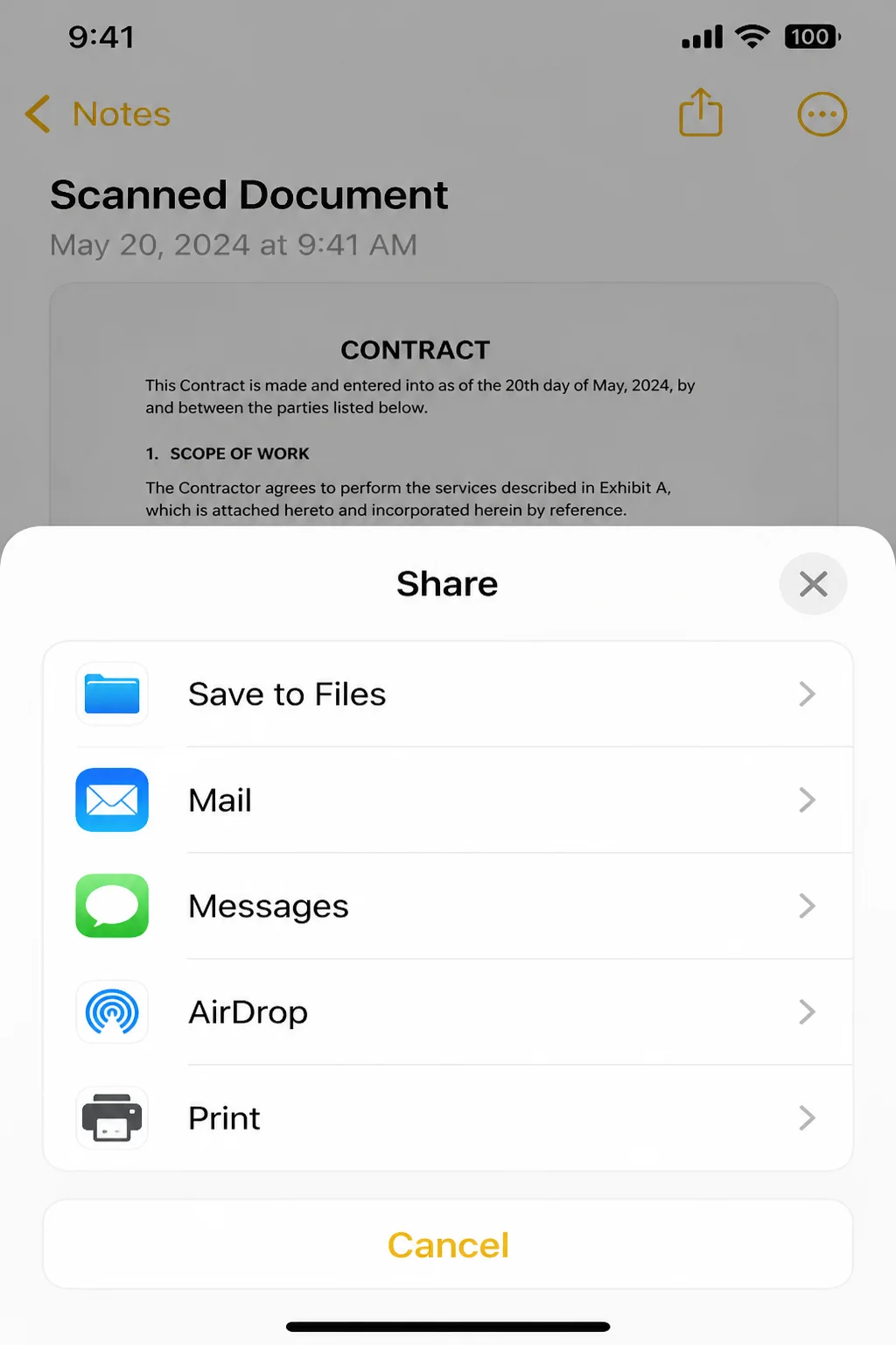 iOS share sheet showing export options including Save to Files, Mail, Messages, AirDrop, and Print for a scanned PDF