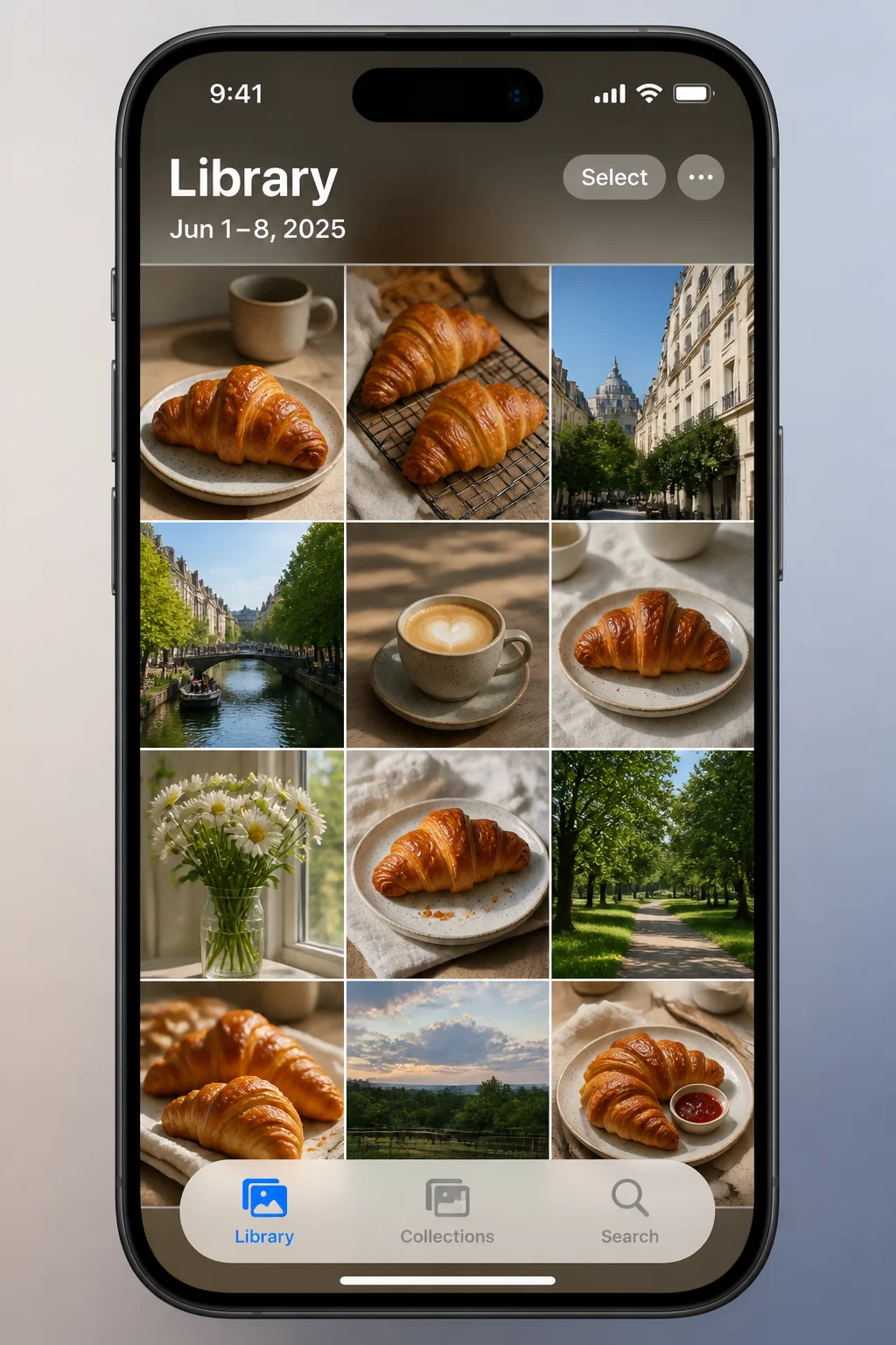 Photos app main Library view with the redesigned bottom tab bar visible, highlighting the Search (magnifying glass) icon in its iOS 26 location