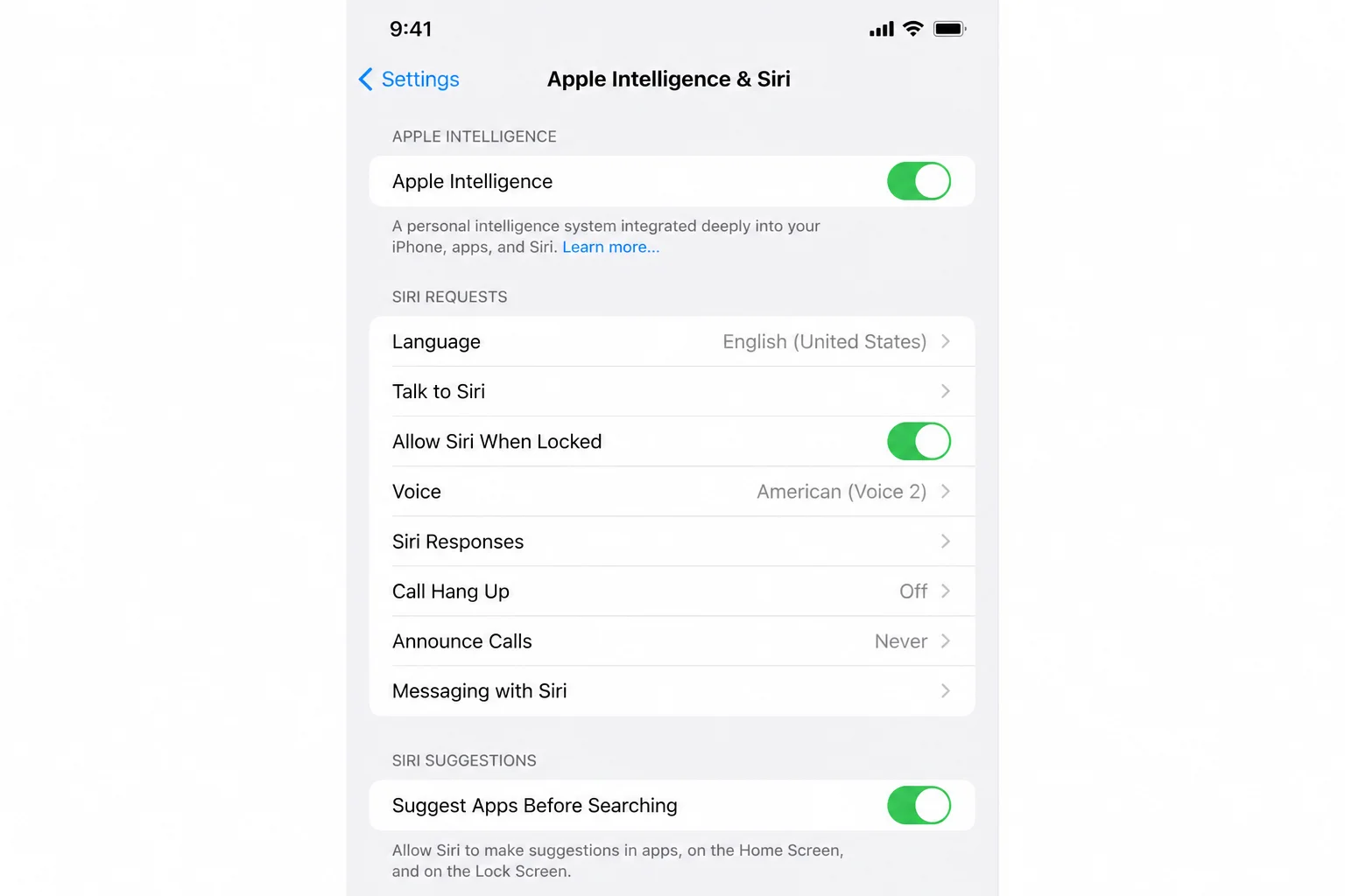 Settings app showing the Apple Intelligence & Siri screen with the Apple Intelligence toggle visible