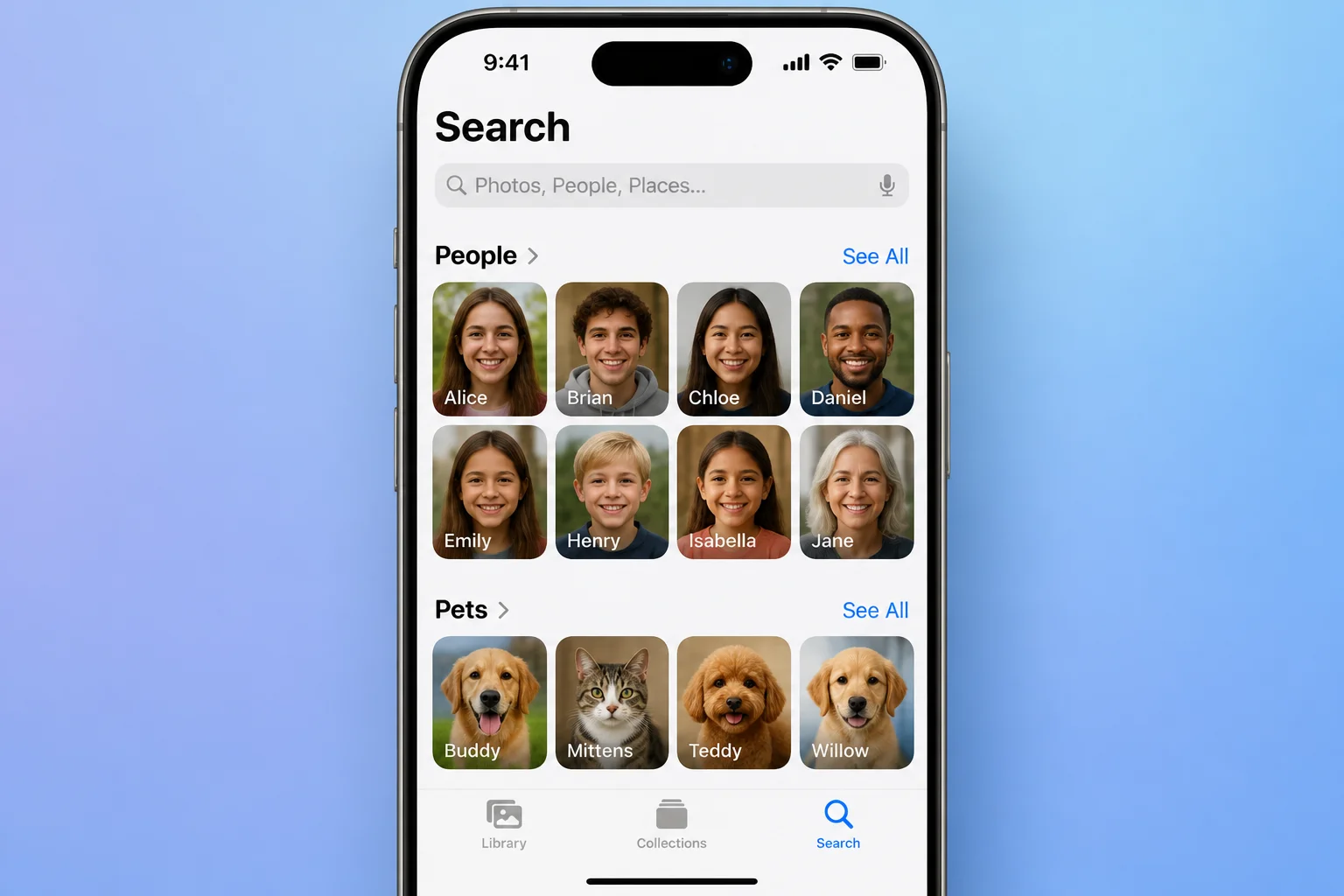People & Pets grid view within the Photos app Search tab, showing recognized face and pet tiles as tappable thumbnails