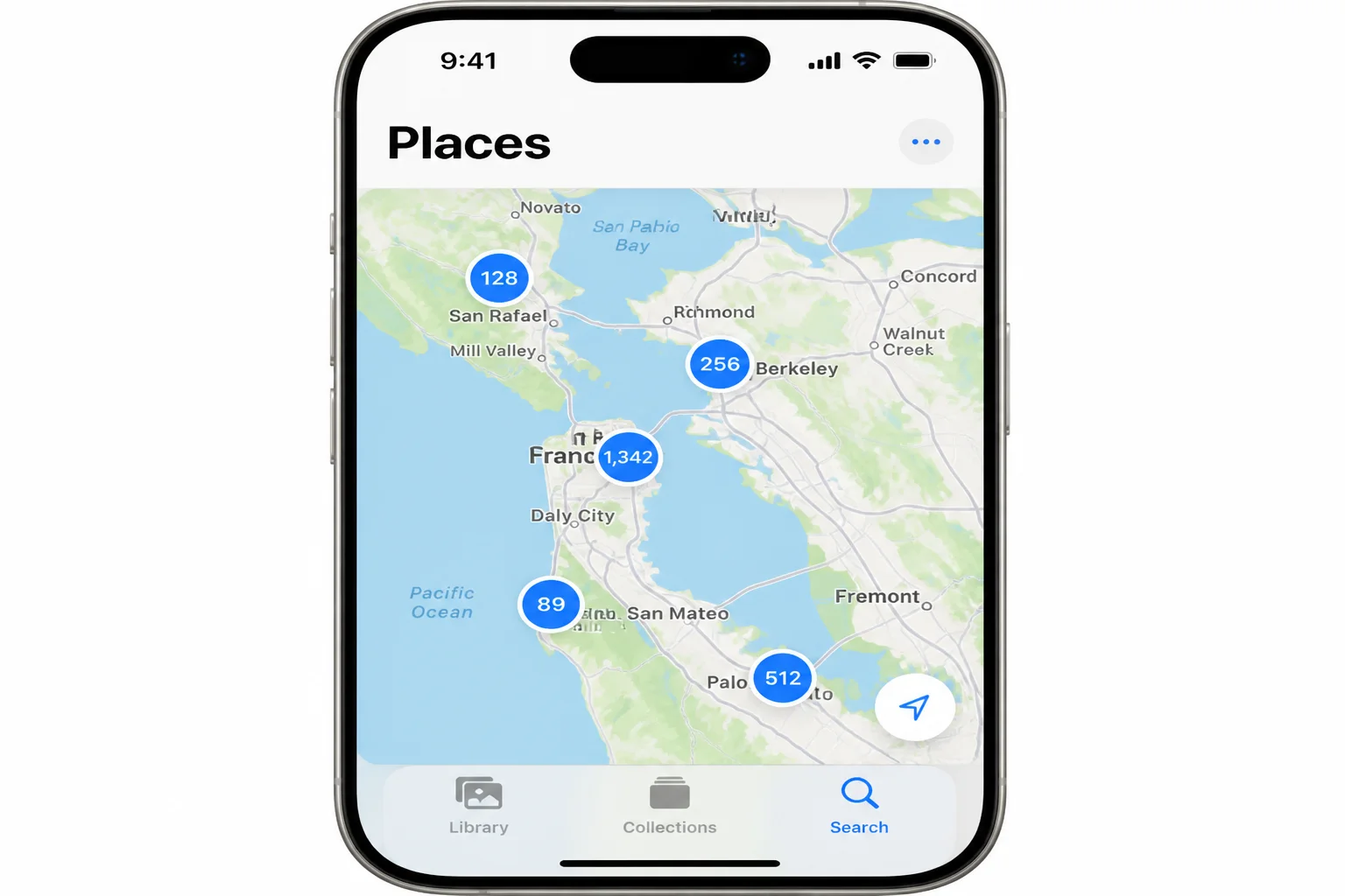 Places map view within Photos Search showing pin clusters representing groups of photos taken at different locations
