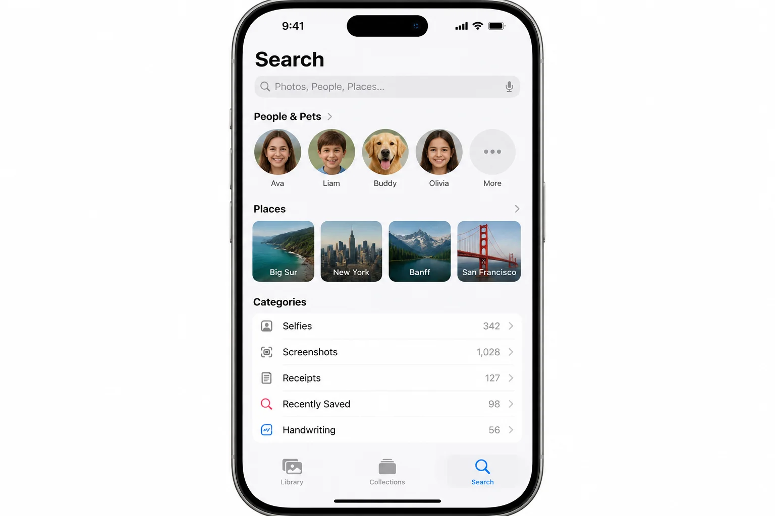 Photos Search tab showing auto-generated category tiles such as Selfies, Screenshots, and Receipts below the People & Pets and Places sections
