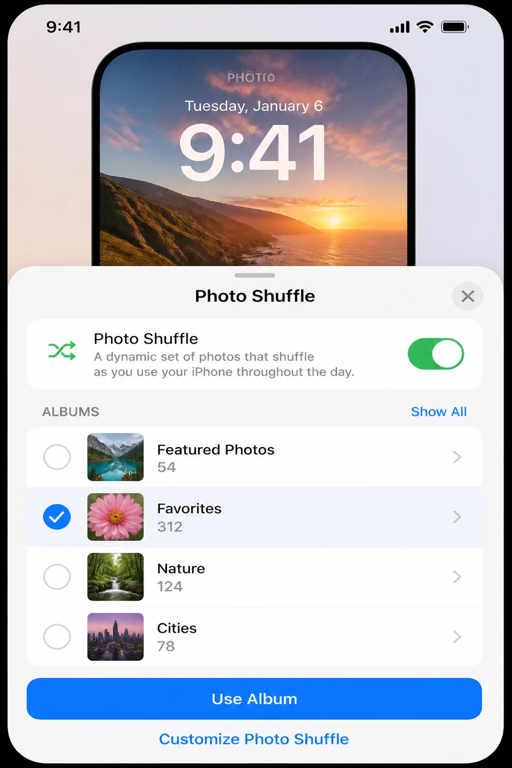 Lock Screen customization view showing the Photo Shuffle option and album source selection screen