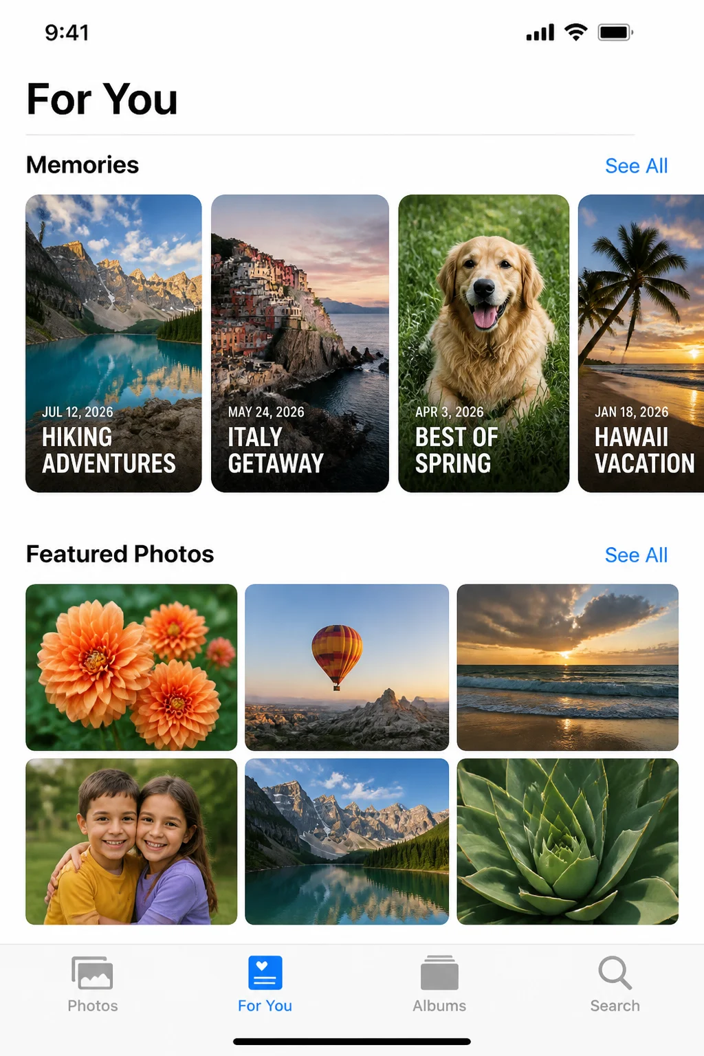 Photos app For You tab showing the Memories carousel and Featured Photos section