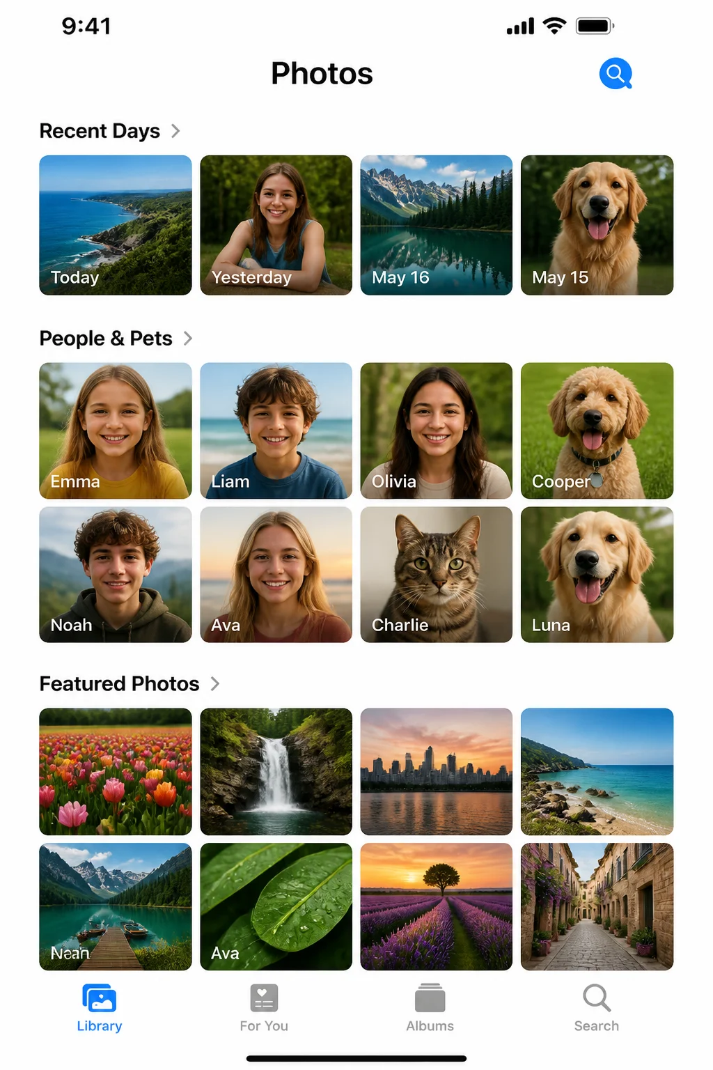 Expanded grid view of all currently Featured Photos after tapping into the section
