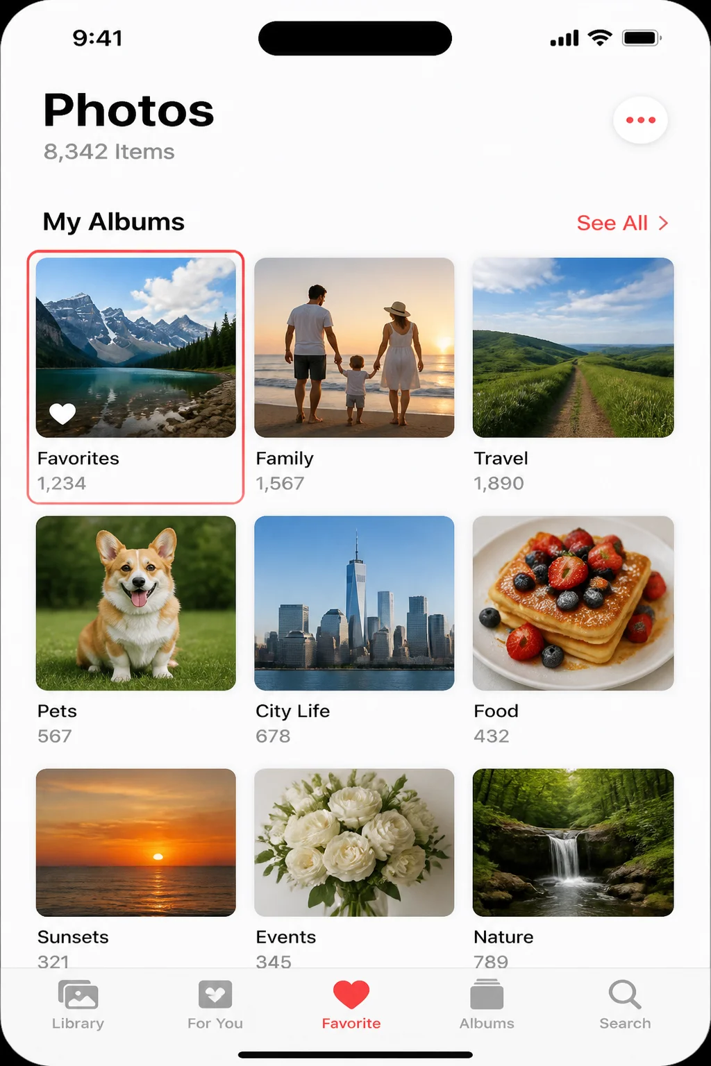 An open photo showing the heart Favorite icon highlighted in the bottom toolbar