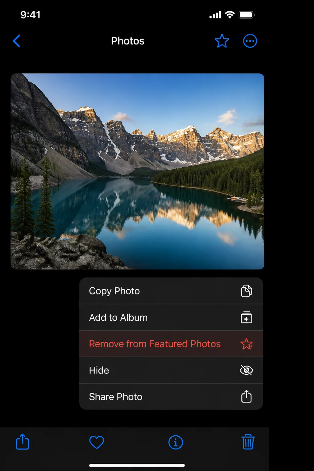 An open featured photo with the More menu expanded, showing the Remove from Featured Photos option