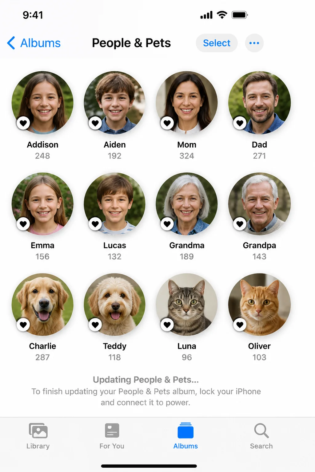 Photos app Albums tab showing the People and Pets album with recognized faces and pets