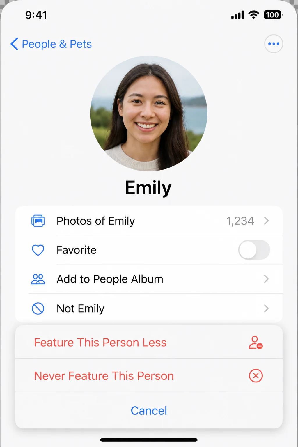 A person detail page from People and Pets with the More menu open showing Feature This Person Less and Never Feature This Person options