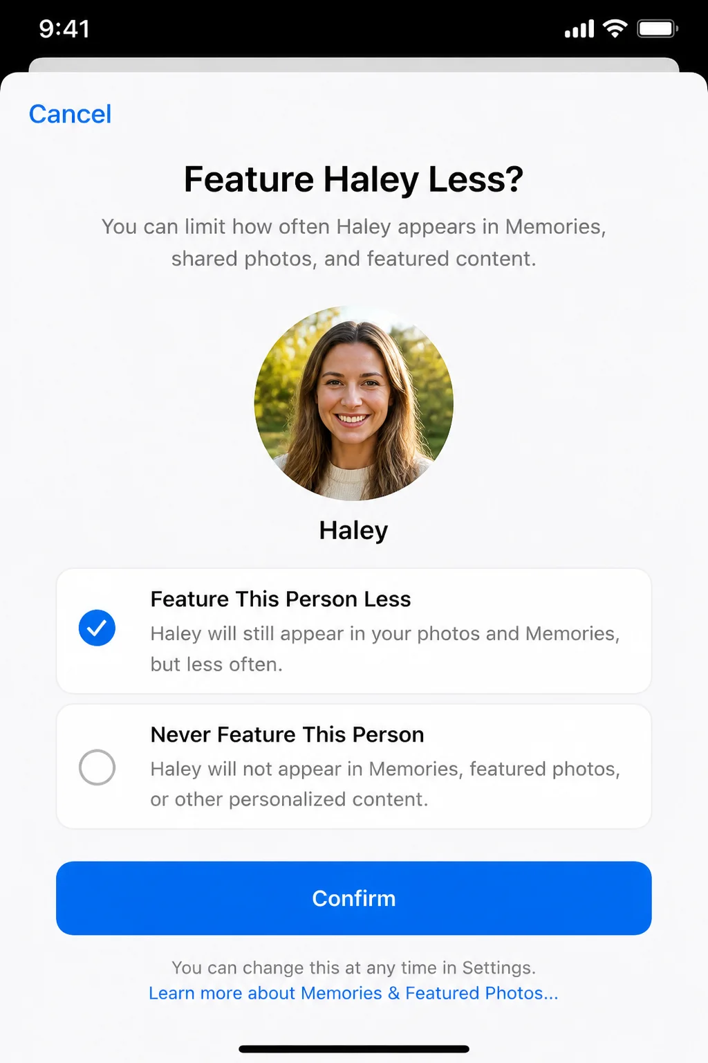 An open Memory with the More menu showing Feature This Day Less and Feature This Place Less options