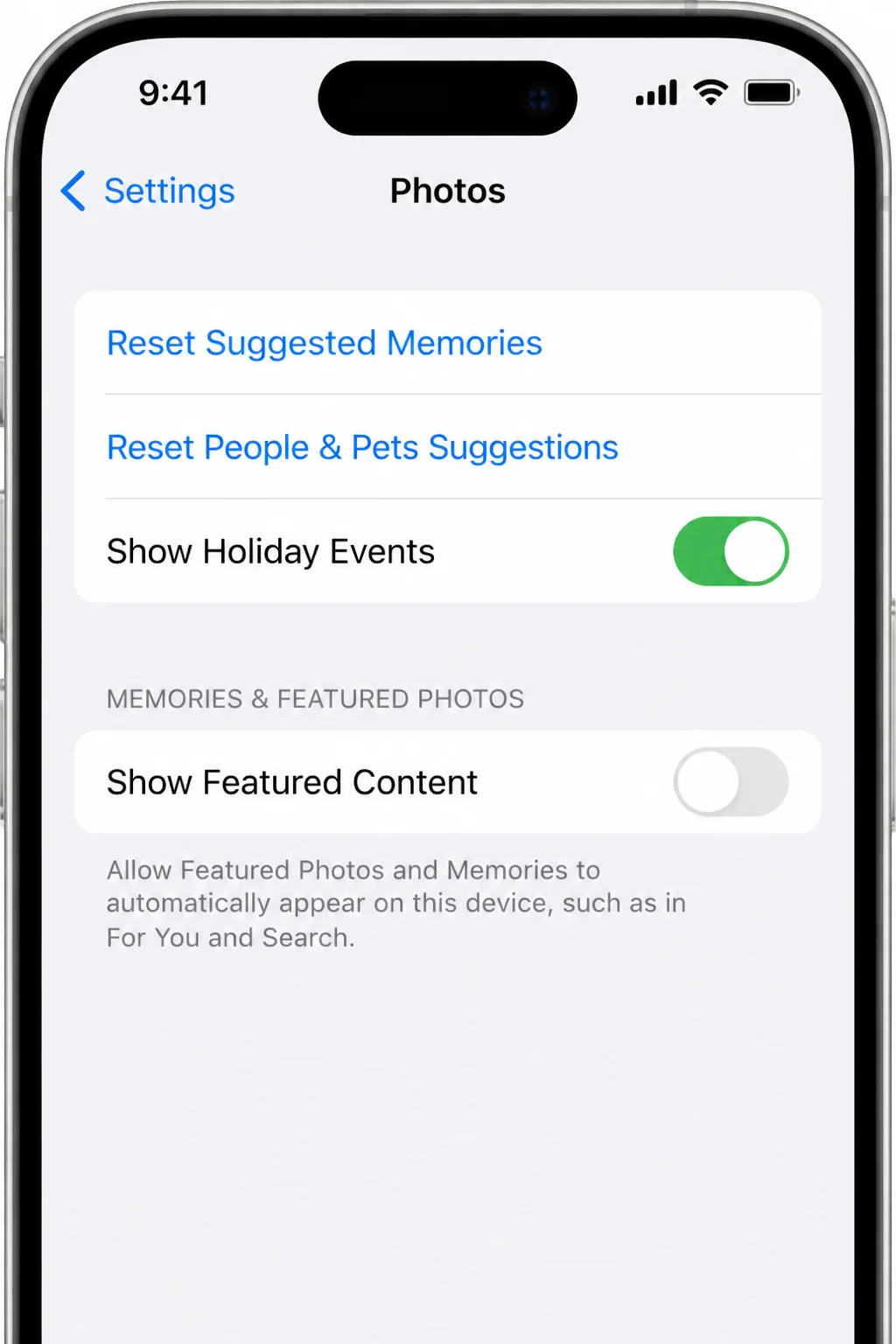 Settings Photos panel showing the Show Featured Content and Show Holiday Events toggles