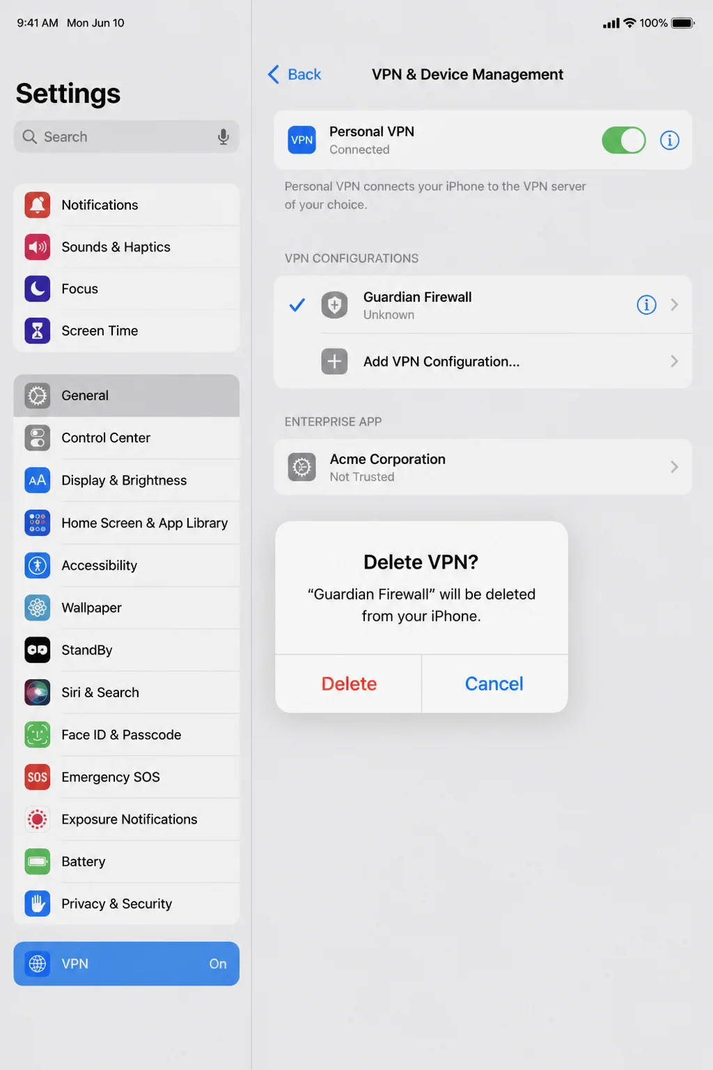 VPN & Device Management screen with a swipe-to-delete or Delete Configuration option shown for an existing VPN profile